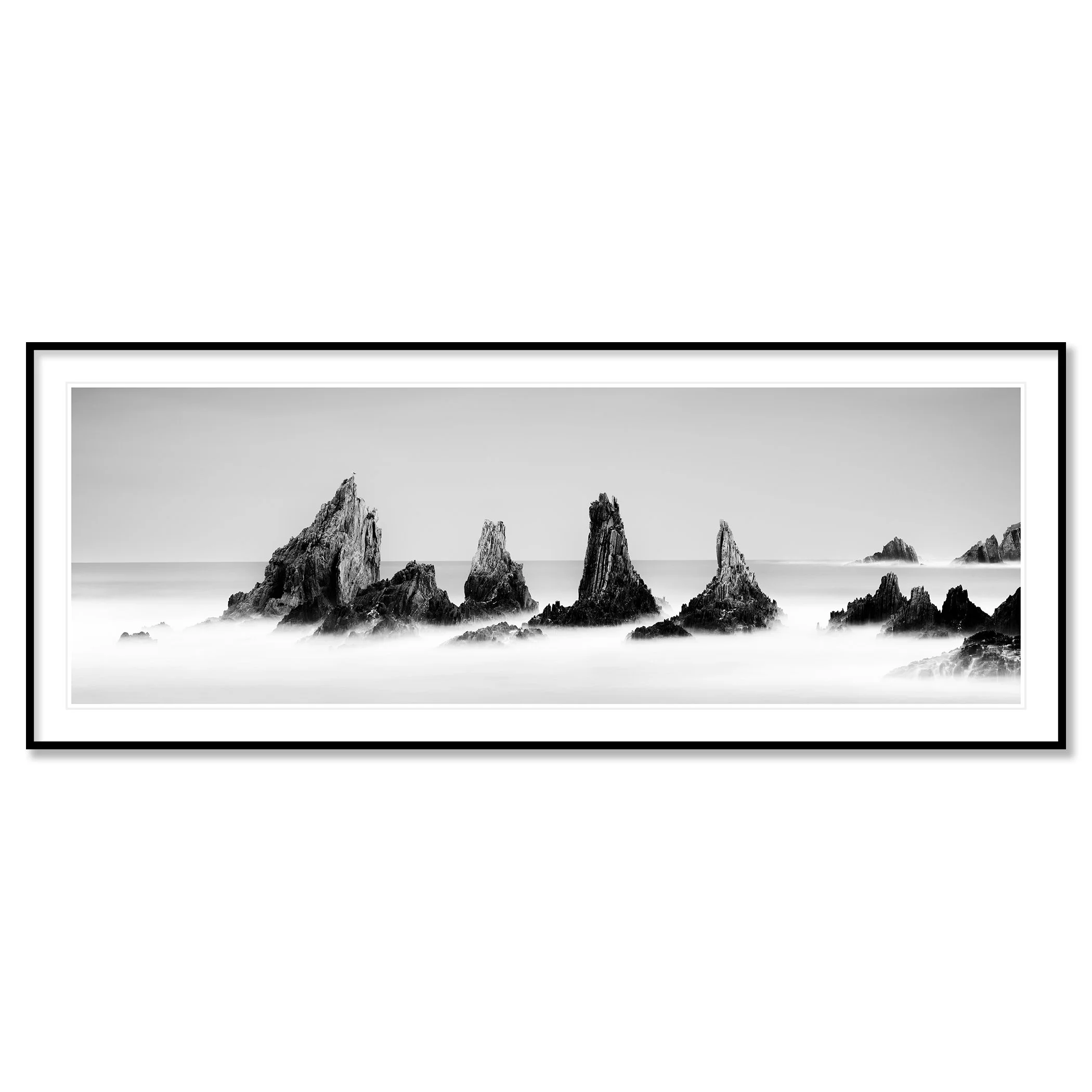 Rocky Peaks, Panorama Study 3 – black-and-white fine art print in a black aluminium frame with a white mount by Gerald Berghammer.