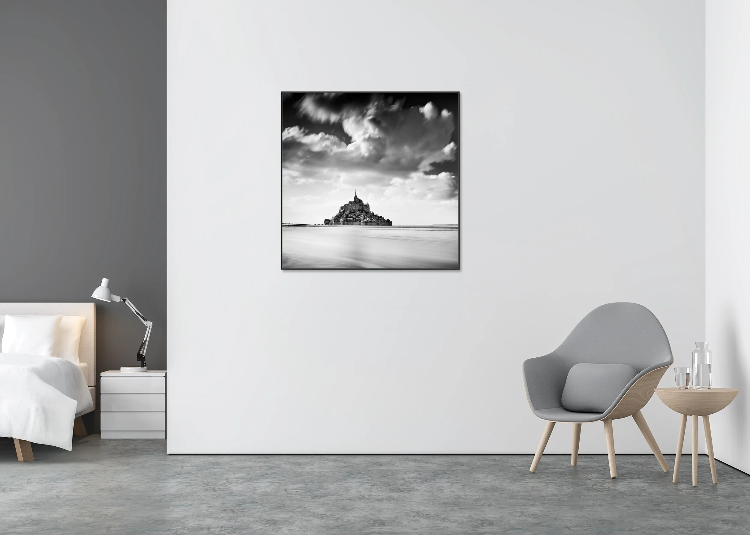 Monochrome photo print of Mont Saint-Michel in France on Dibond in an aluminium ArtBox, surrounded by tidal water beneath a vast cloudy sky.