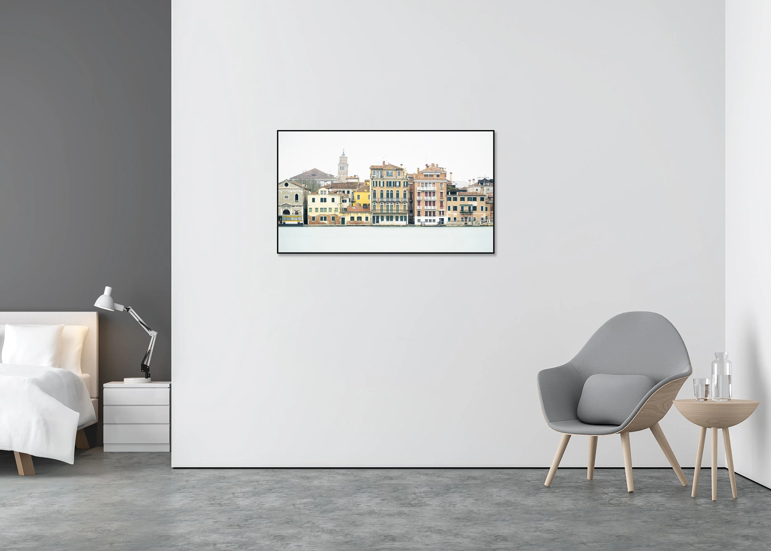 View of Venice, Panorama Study 6 – colour photograph in a black aluminium ArtBox displayed in a minimalist bedroom. Photo by Gerald Berghammer.