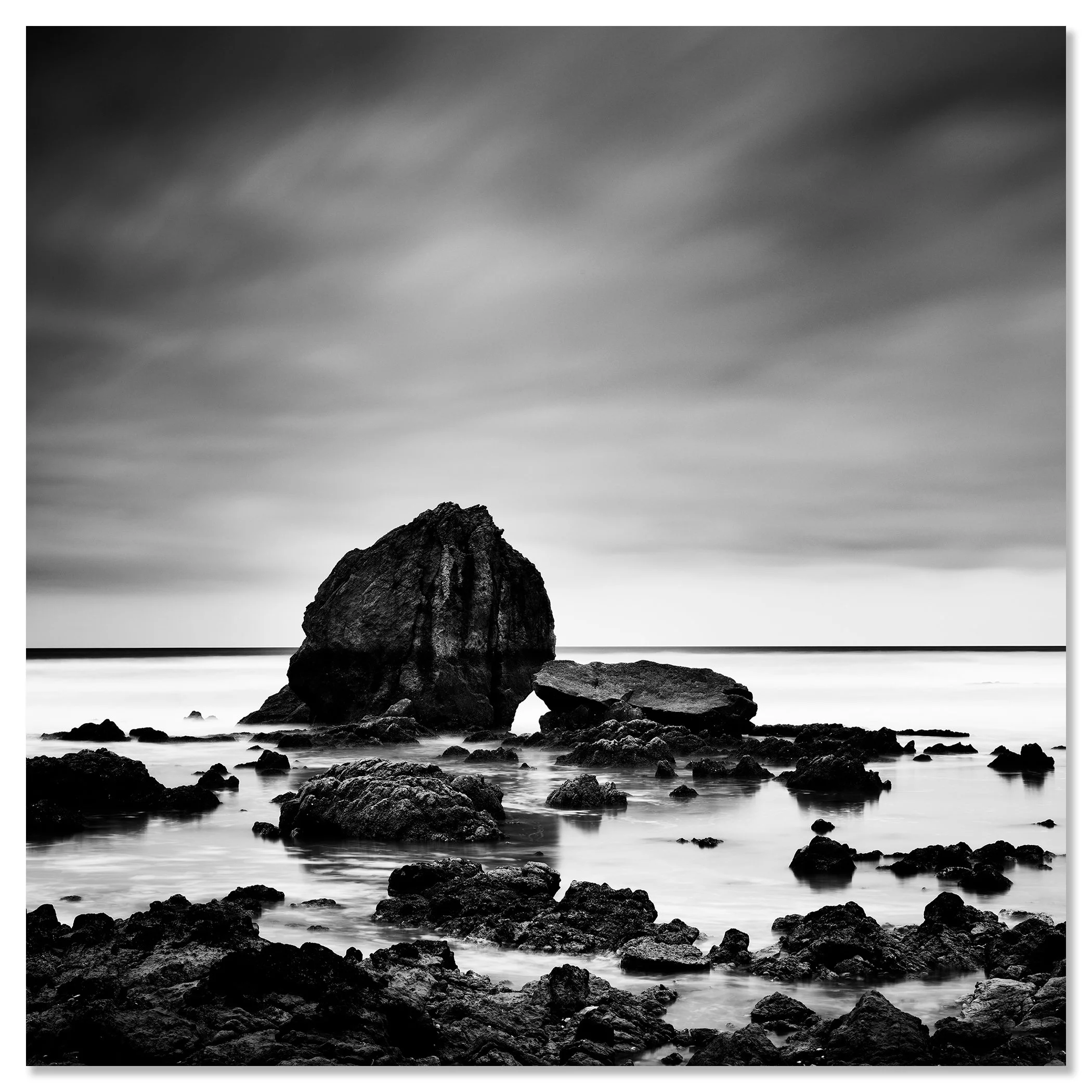 Beach Rock Study 1 – France, black-and-white photograph mounted on frameless aluminium Dibond