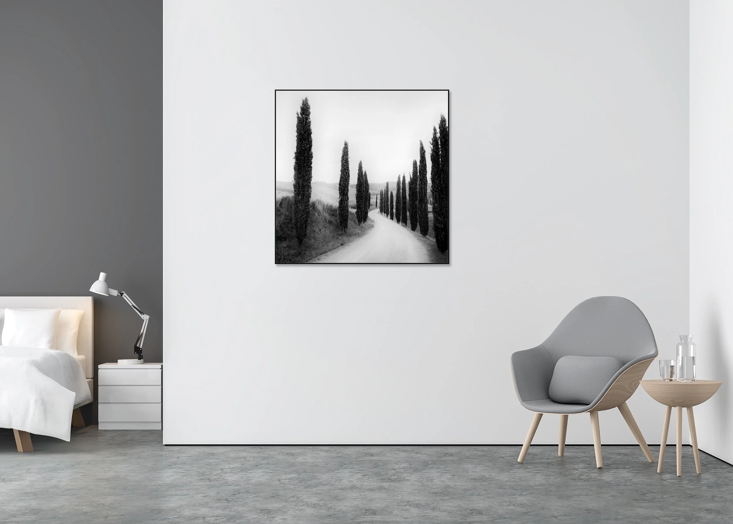 Path Lined with Cypress Trees by Gerald Berghammer displayed in a contemporary interior in a black aluminium ArtBox frame.