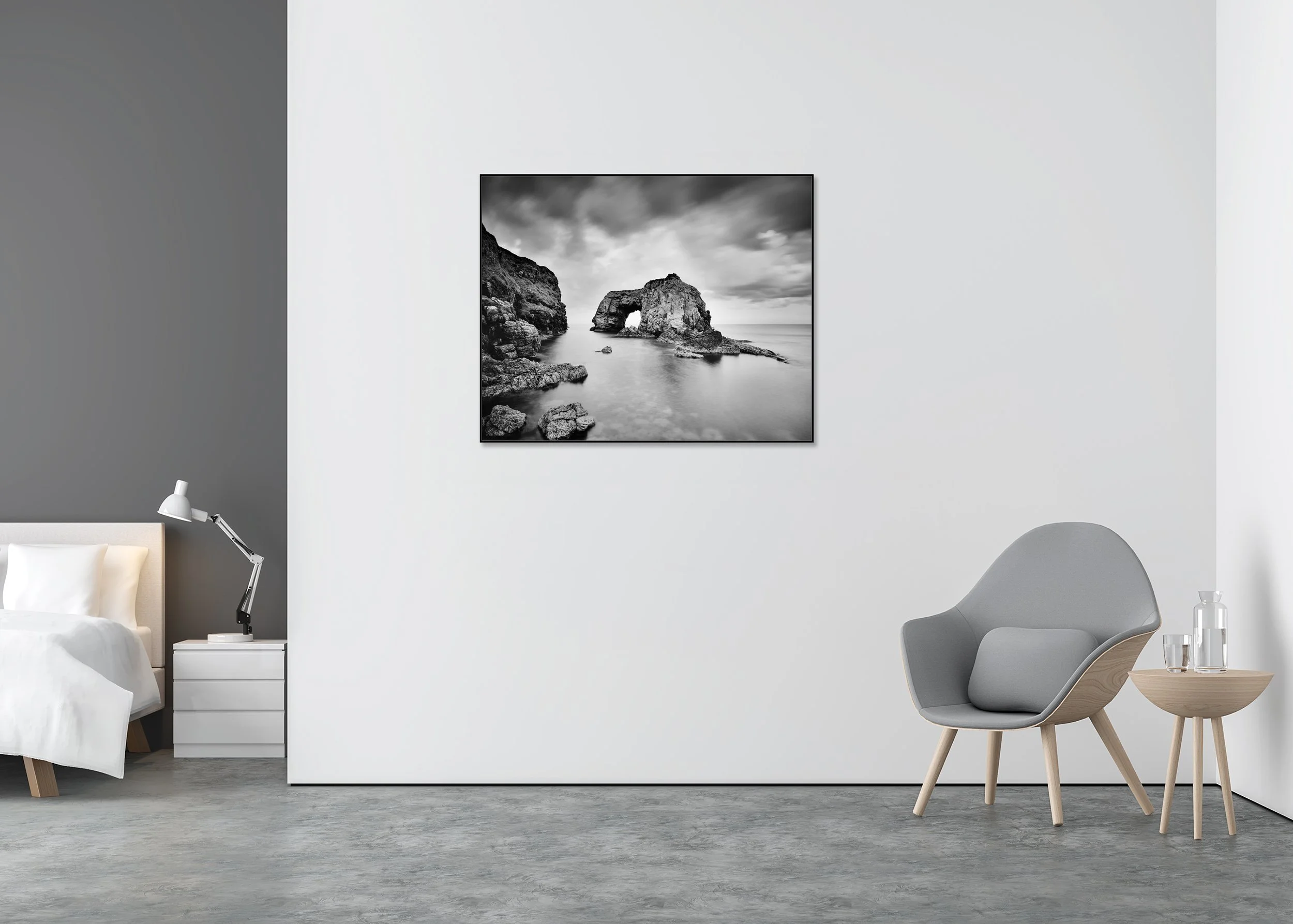 Great Pollet Sea Arch Study 3 displayed in a modern interior, mounted on aluminium Dibond in a black ArtBox frame by Gerald Berghammer.
