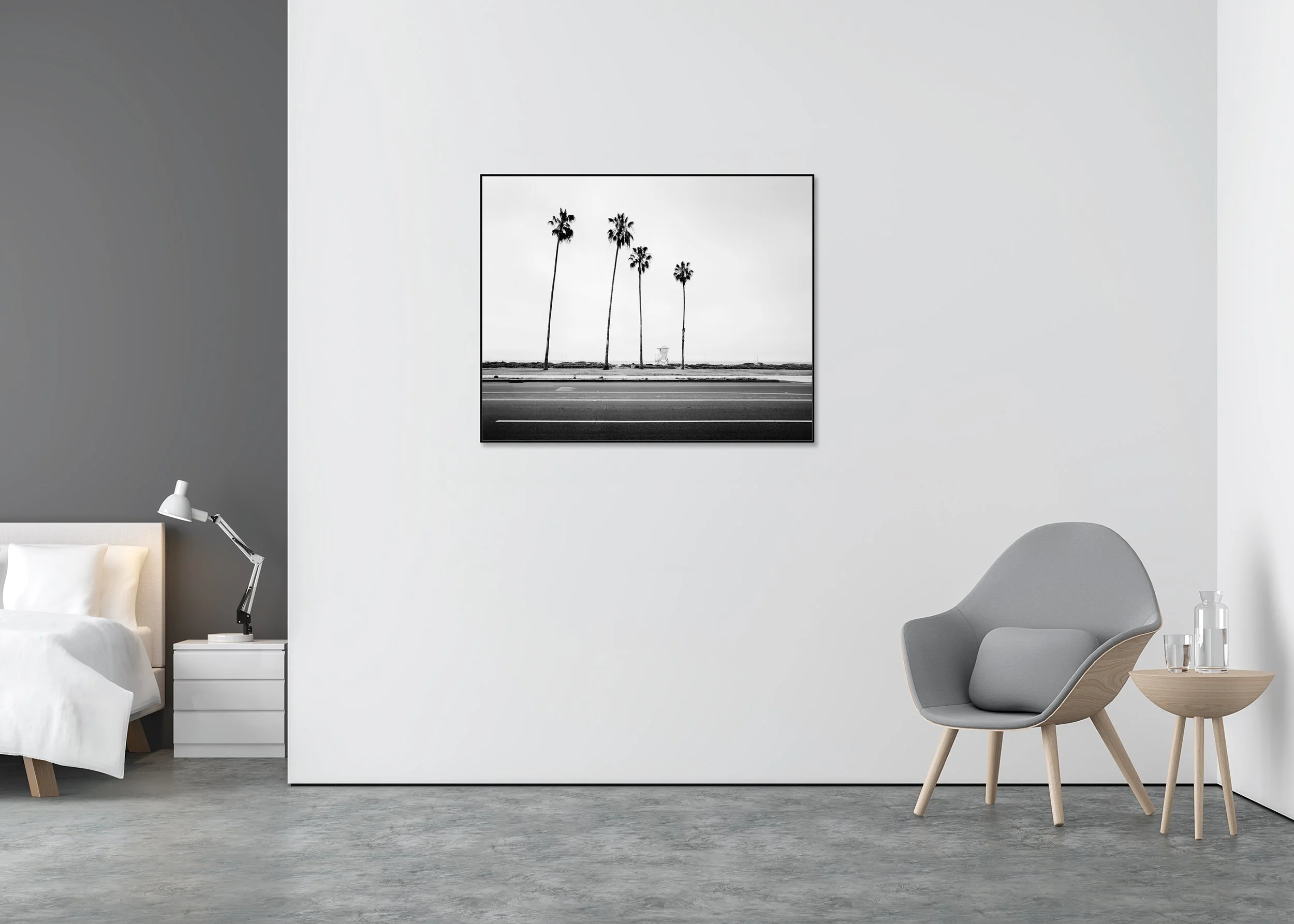 Palm Tree Study 4 displayed in a modern interior, mounted on aluminium Dibond in a black ArtBox frame by Gerald Berghammer.