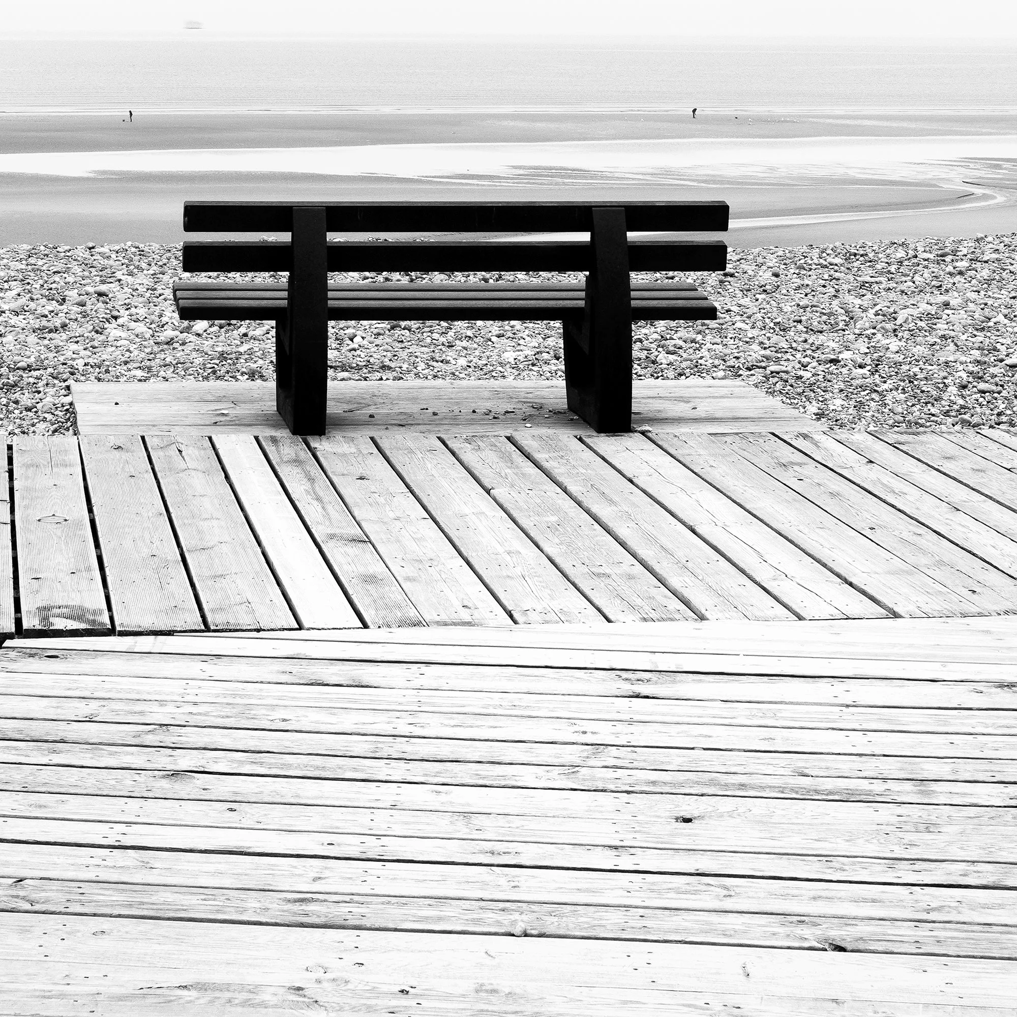 Close-up detail of Relaxing Point Study 1 by Gerald Berghammer, featuring the wooden bench and boardwalk beside the French coast.