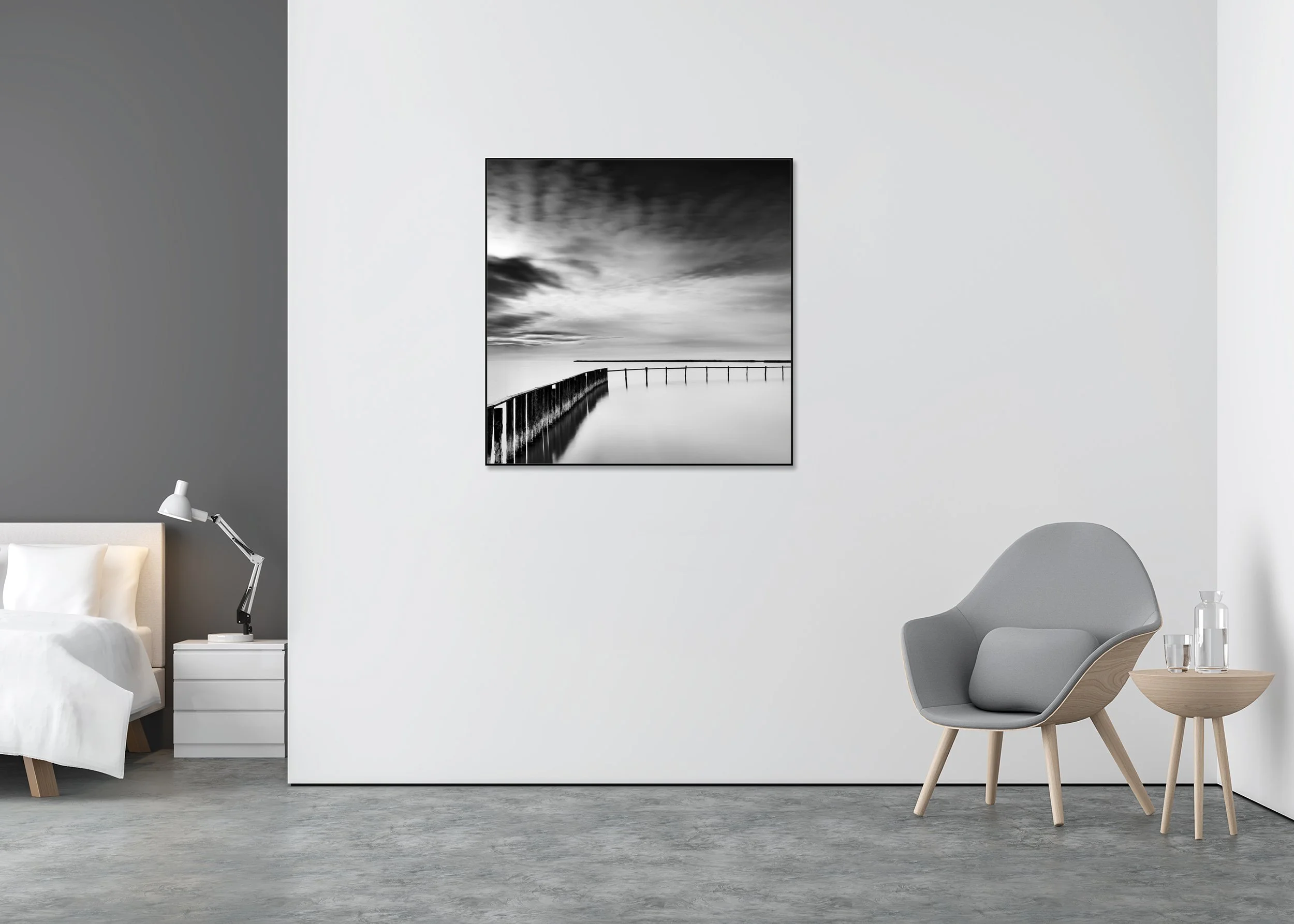 Long exposure black and white lake print with jetty and overcast sky, mounted to Dibond in an aluminium ArtBox frame
