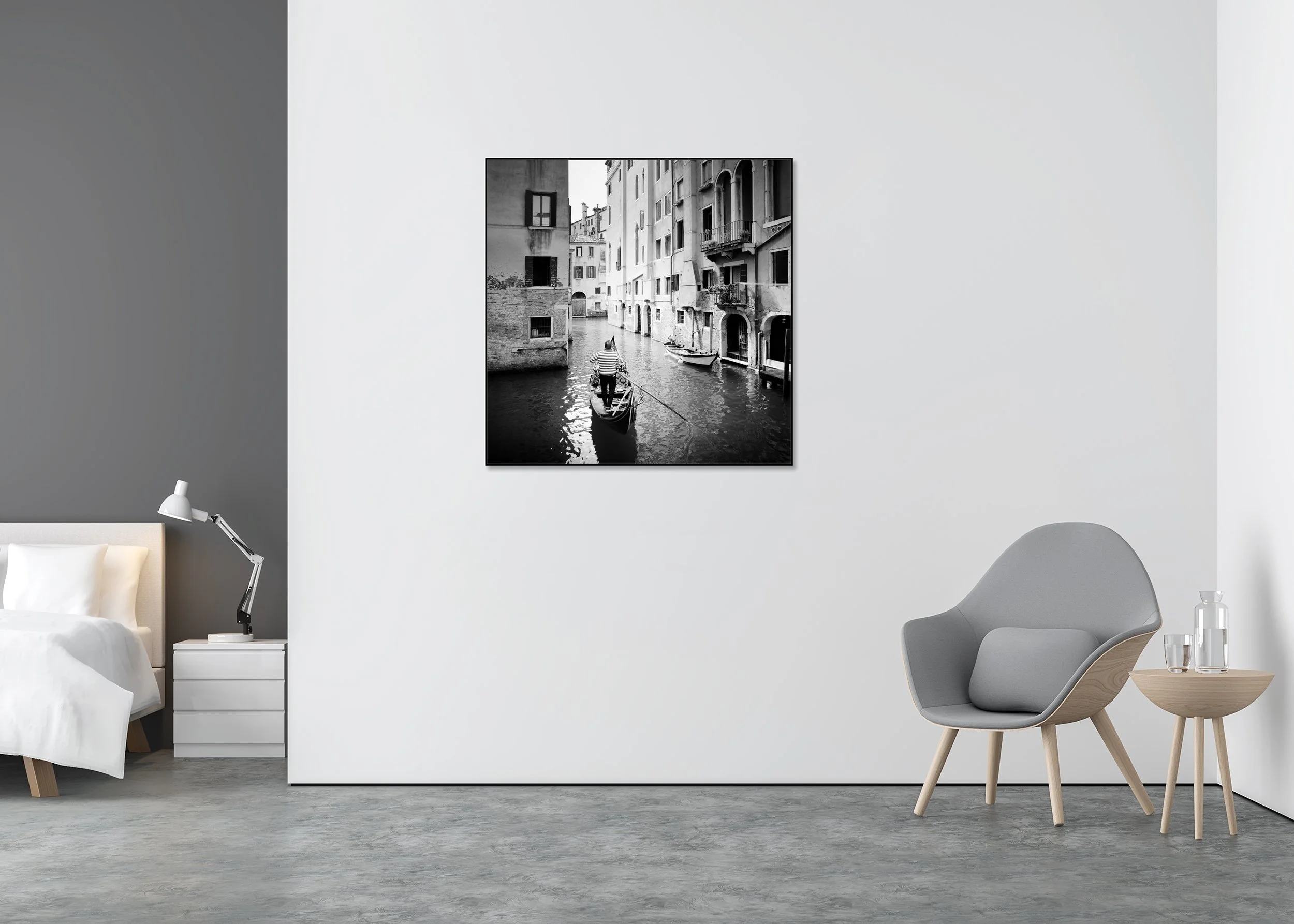 ChromaLuxe metal print aluminium ArtBox featuring a black-and-white photograph of a gondolier on a narrow canal in Venice, Italy, between historic buildings.