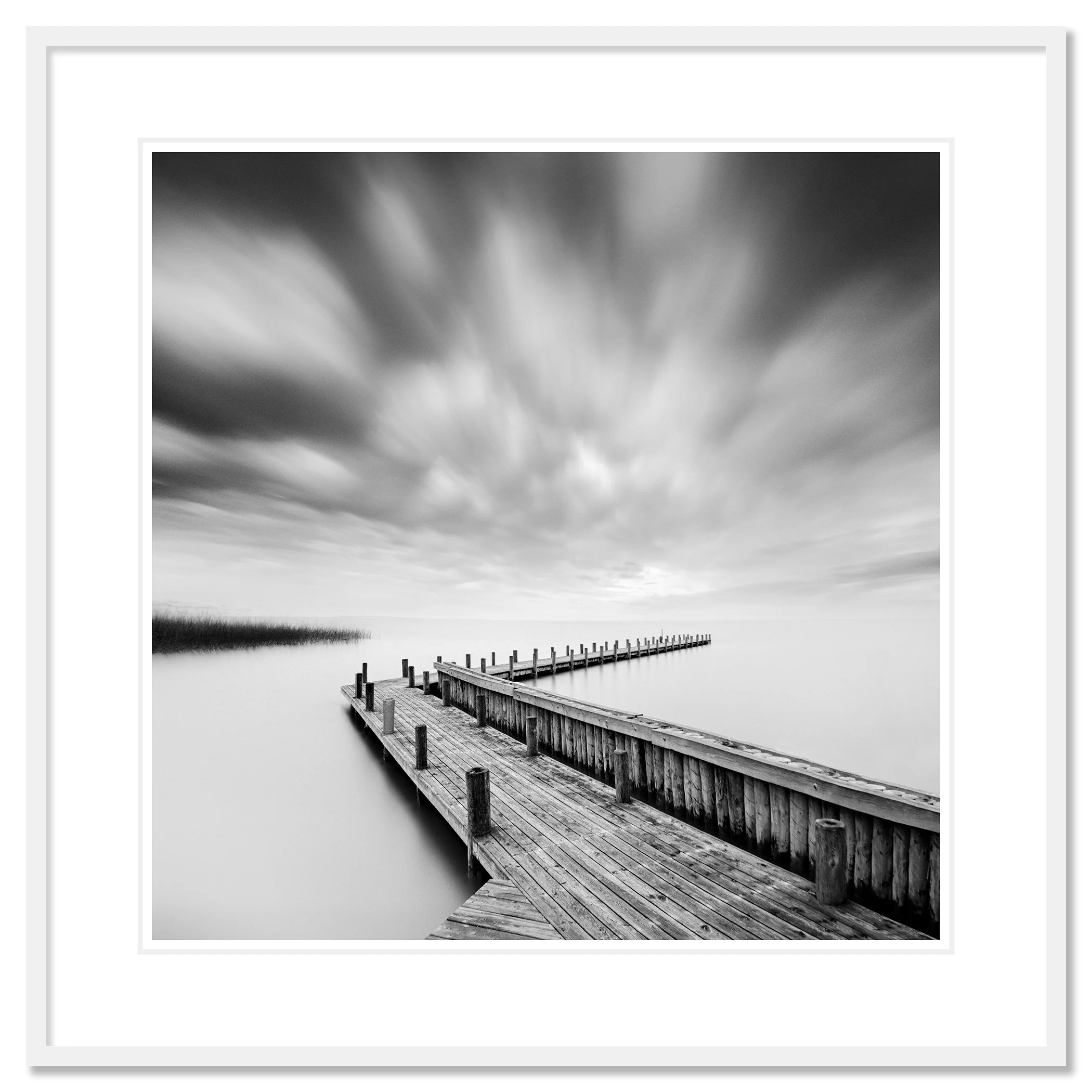 Wood Pier Study 1 by Gerald Berghammer, archival pigment print in a white aluminium frame with white mount.