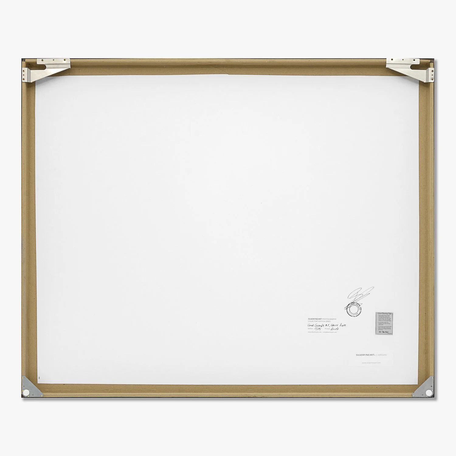 Rear view of framed Canal Grande Study 1 by Gerald Berghammer, showing the wooden frame, backing board and metal corner fittings.
