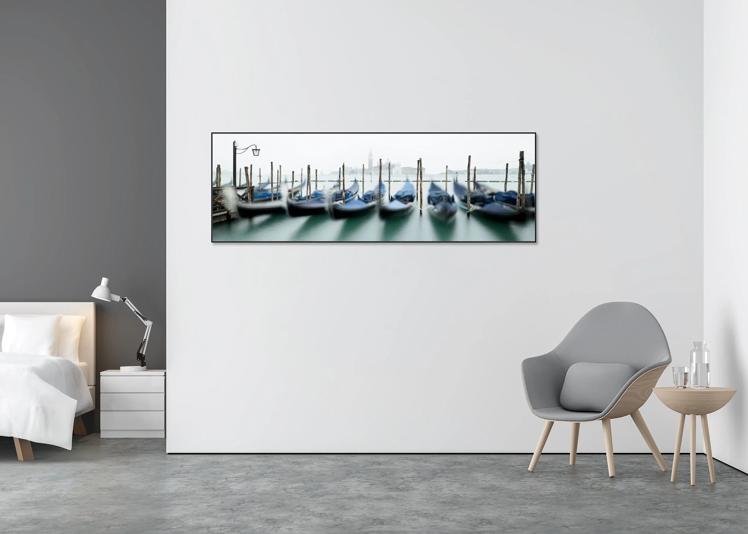 Gondola with San Giorgio Maggiore Study 1 displayed in a modern interior, mounted on aluminium Dibond in a black ArtBox frame. Photo by Gerald Berghammer.