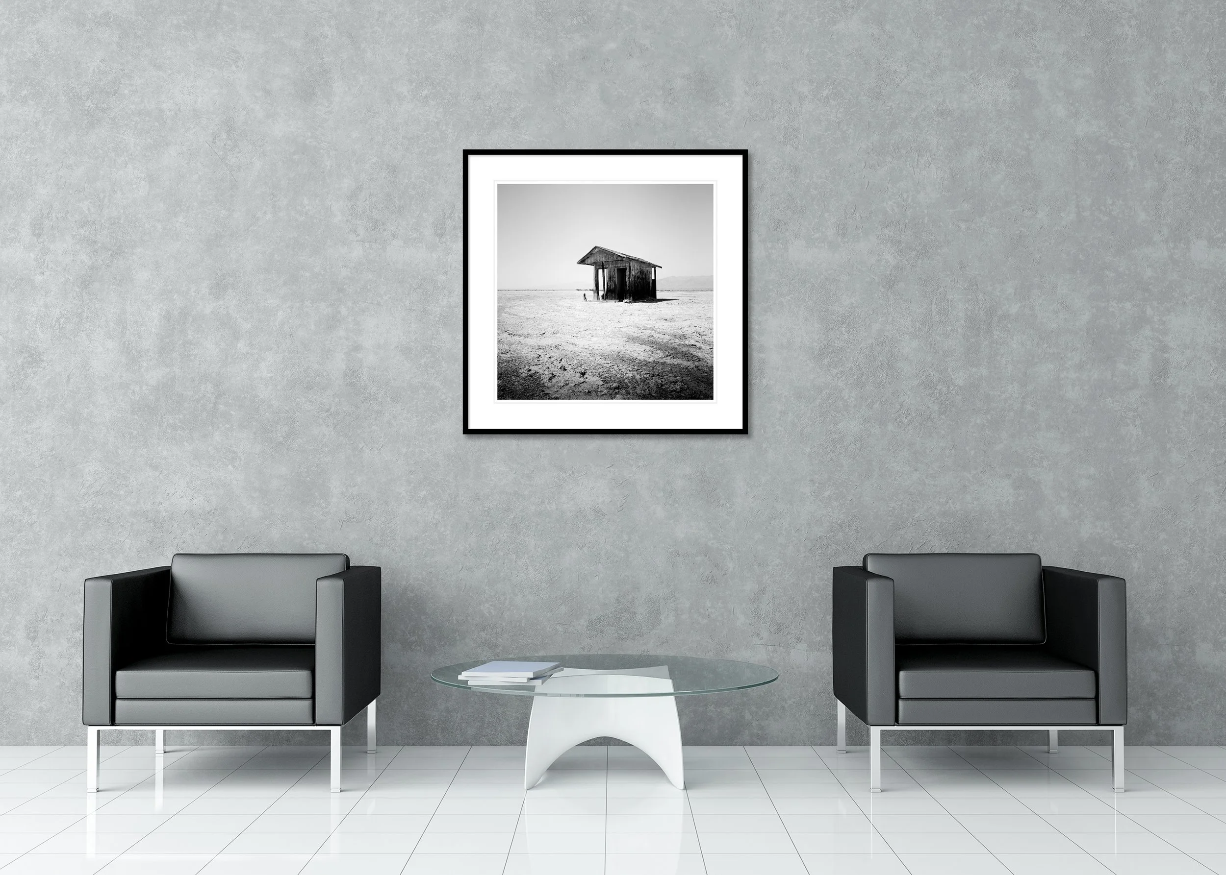 Bath House Study 1 displayed in a modern interior as a black-and-white Dibond print in a black aluminium ArtBox frame by Gerald Berghammer.