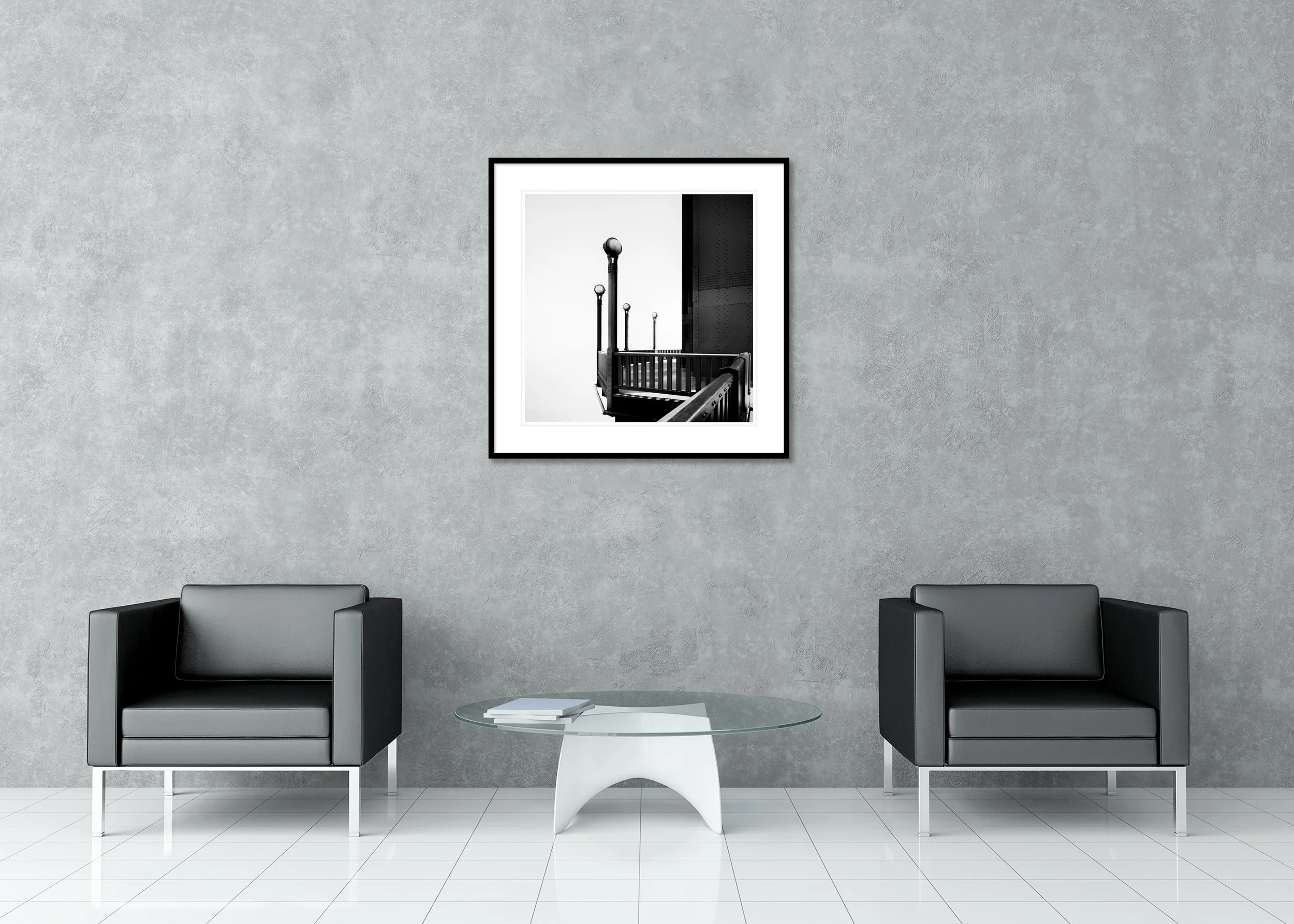 Golden Gate Study 9 displayed in a modern lounge as an archival pigment print in a black aluminium frame with a white mount by Gerald Berghammer.