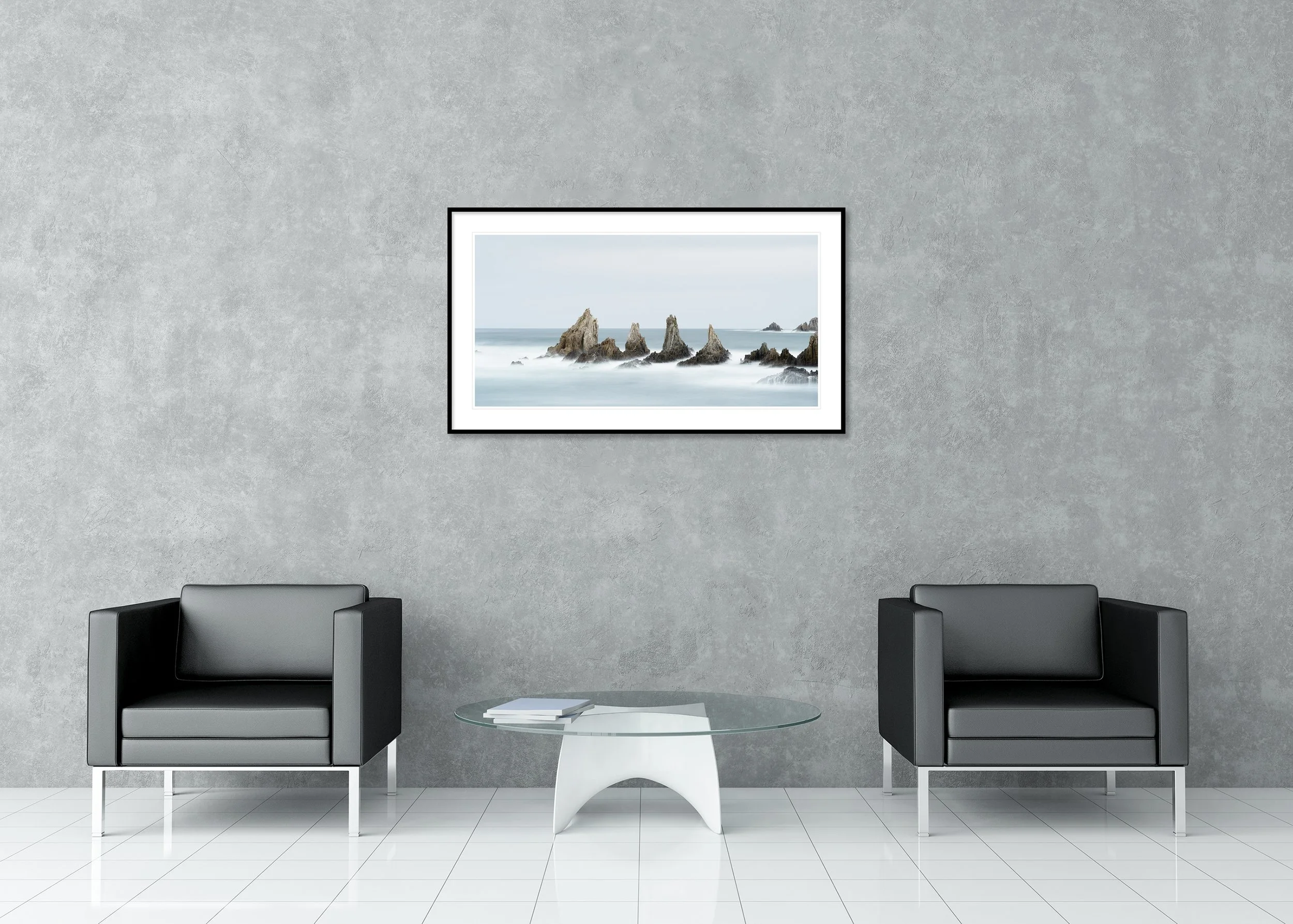 Long-exposure sea stacks in foggy, smooth water, archival pigment print in a classic frame with a mount.