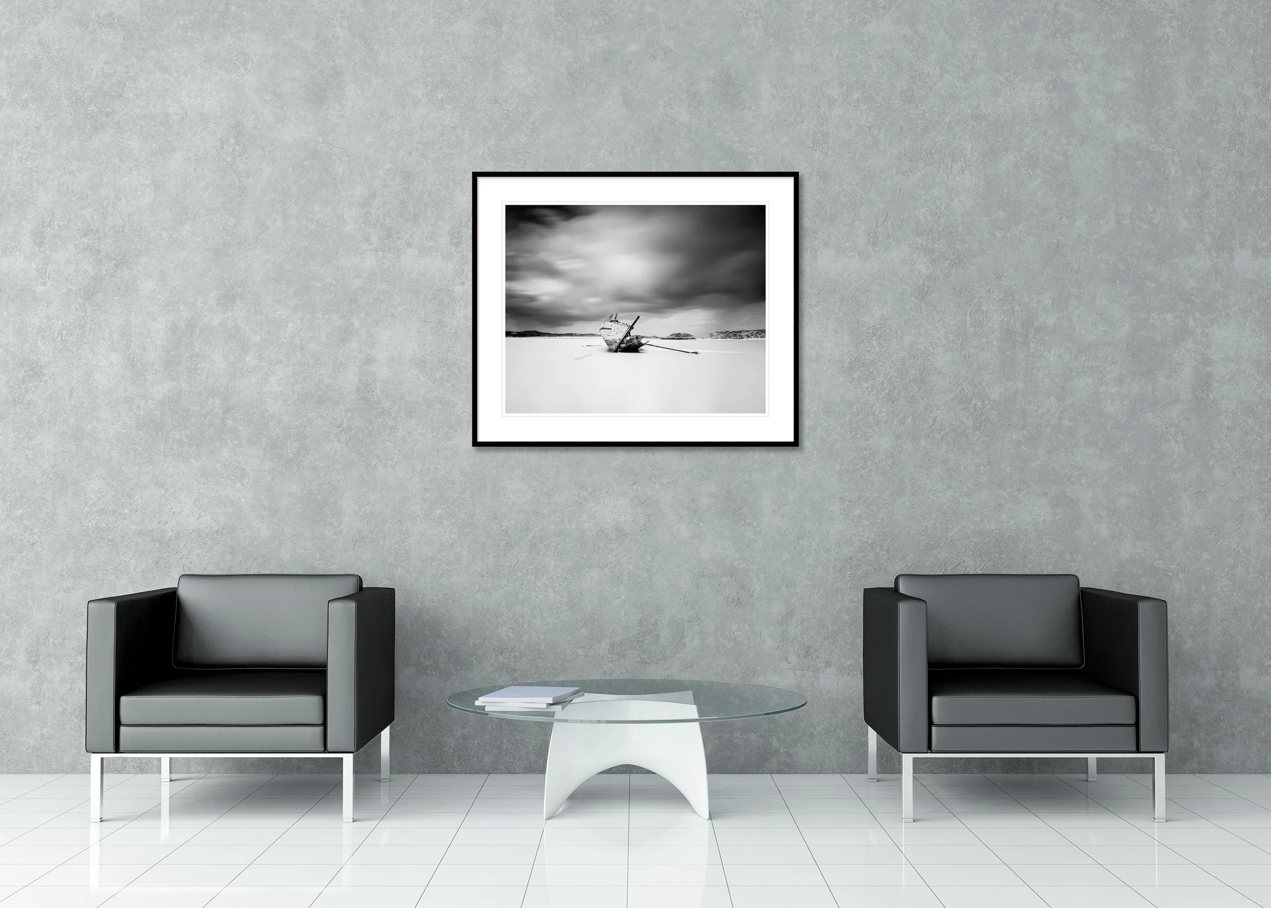 Bad Eddie’s Boat, Study 1 displayed in a modern lounge as an archival pigment print in a black aluminium frame with a white mount by Gerald Berghammer.