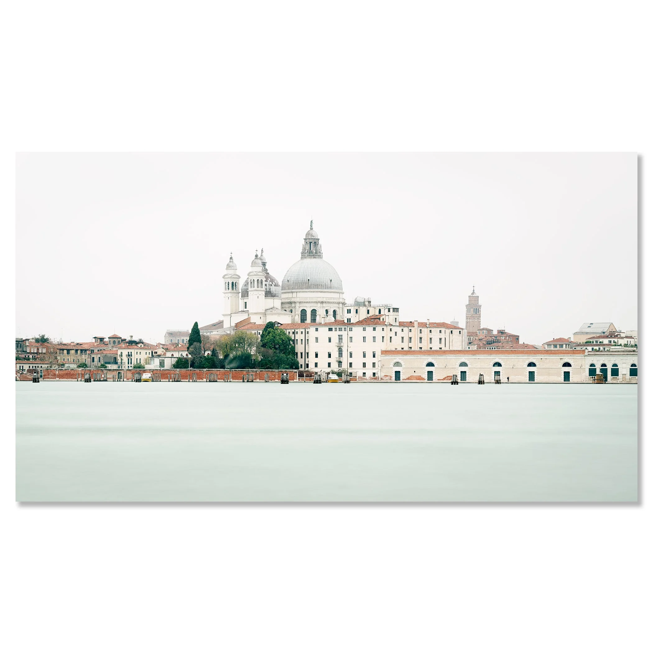 Gerald Berghammer - Color cityscape photography. View of a city skyline with the Basilica di Santa Maria della Salute in Venice, Italy, on a foggy day. Chromaluxe frameless