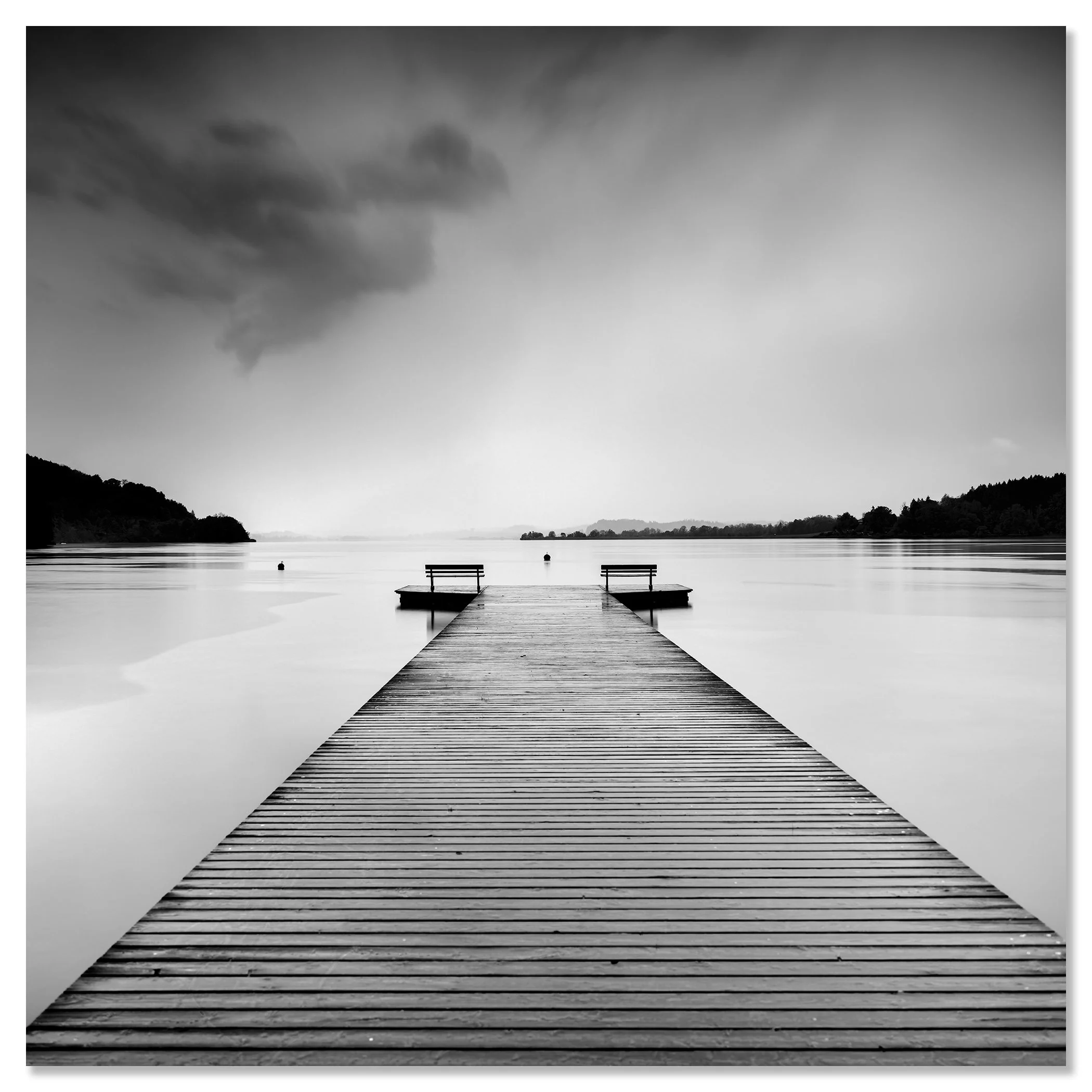 Minimalist black and white photograph of a wooden pier on Lake Wallersee, Austria – dibond frameless