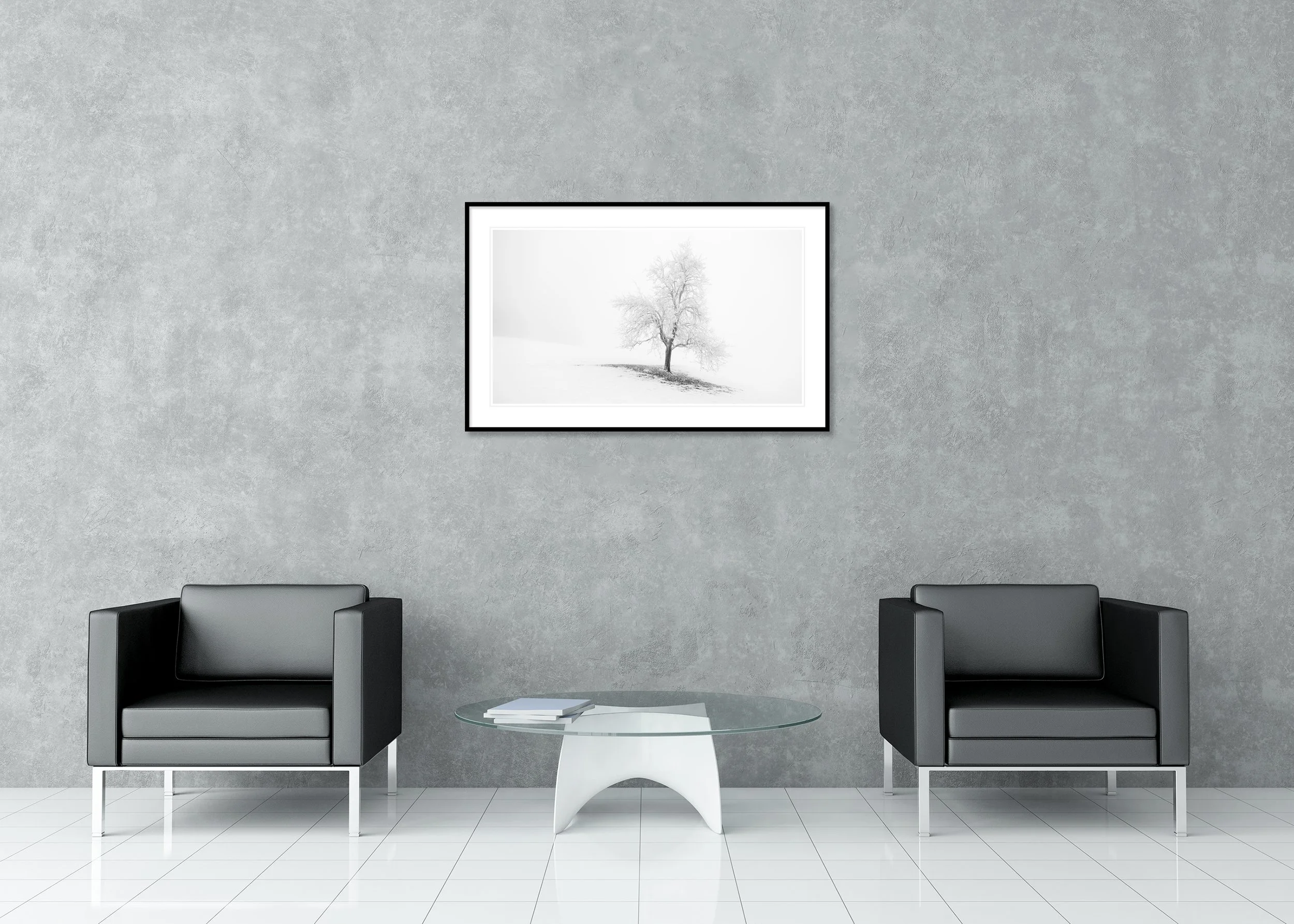 Frosted Winter Tree Panorama – Austria displayed as a black-and-white archival pigment print in a classic frame with mount and anti-reflective glass