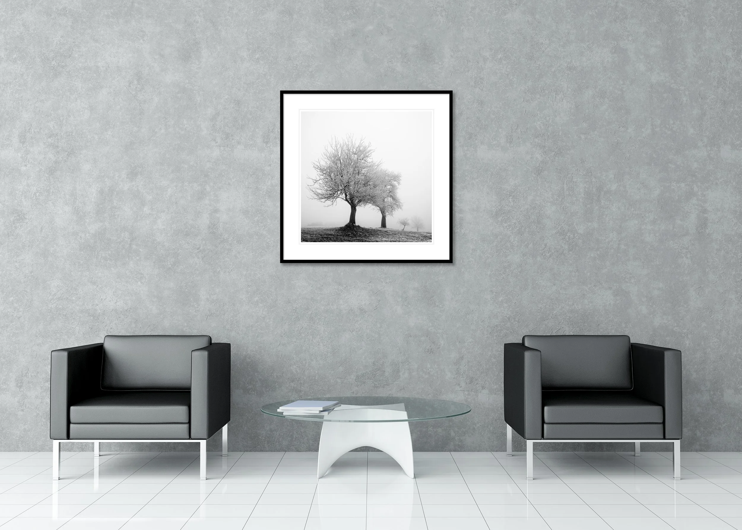 Frozen Landscape Study 1 displayed in a modern interior as an archival pigment print in a black aluminium frame with white mount by Gerald Berghammer.
