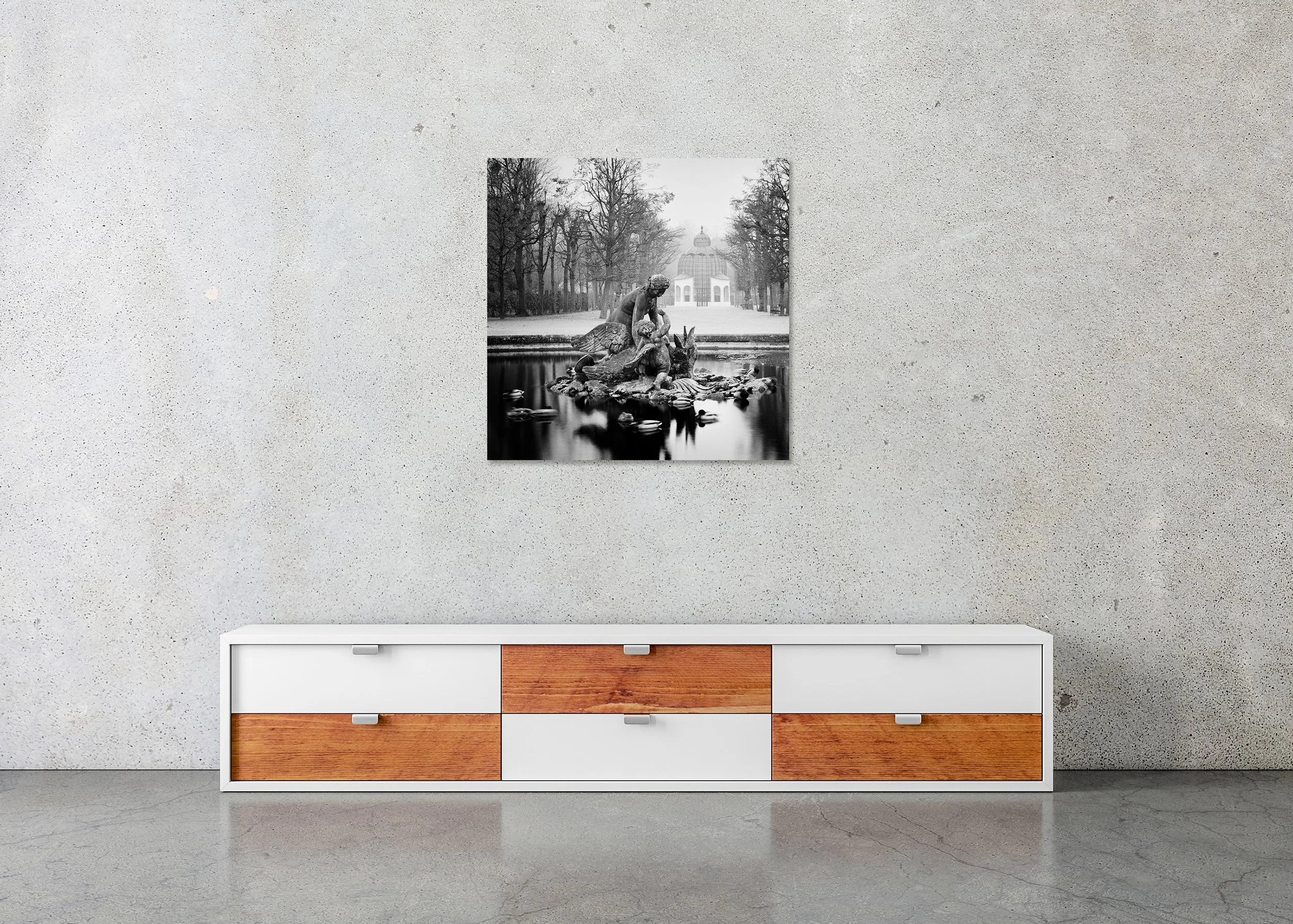 Duck Race displayed in a modern interior as a frameless black-and-white artwork mounted on aluminium Dibond by Gerald Berghammer.