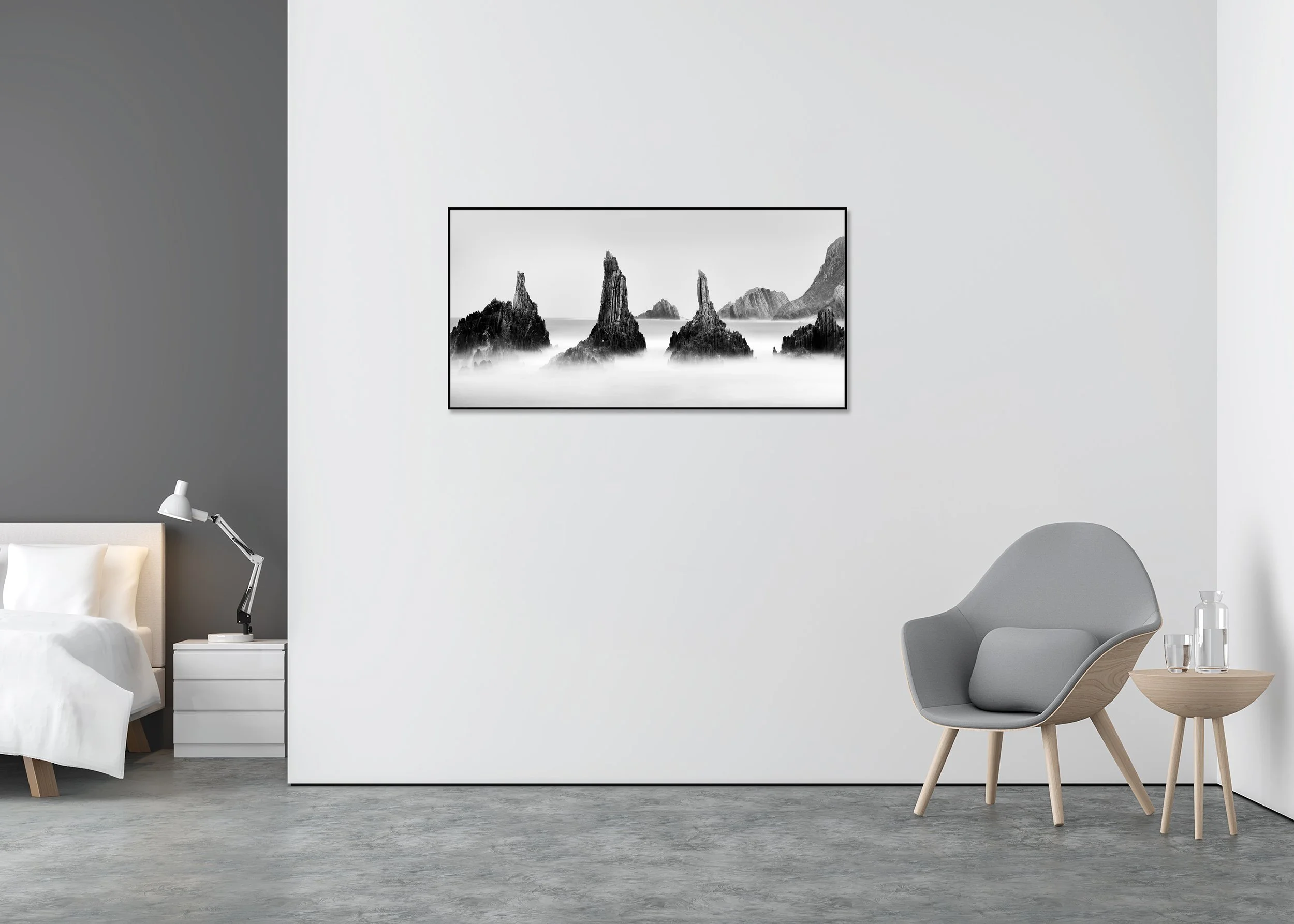 Rocky Peaks Panorama Study 5 displayed in a modern interior as a black-and-white Dibond print in an aluminium ArtBox frame by Gerald Berghammer.