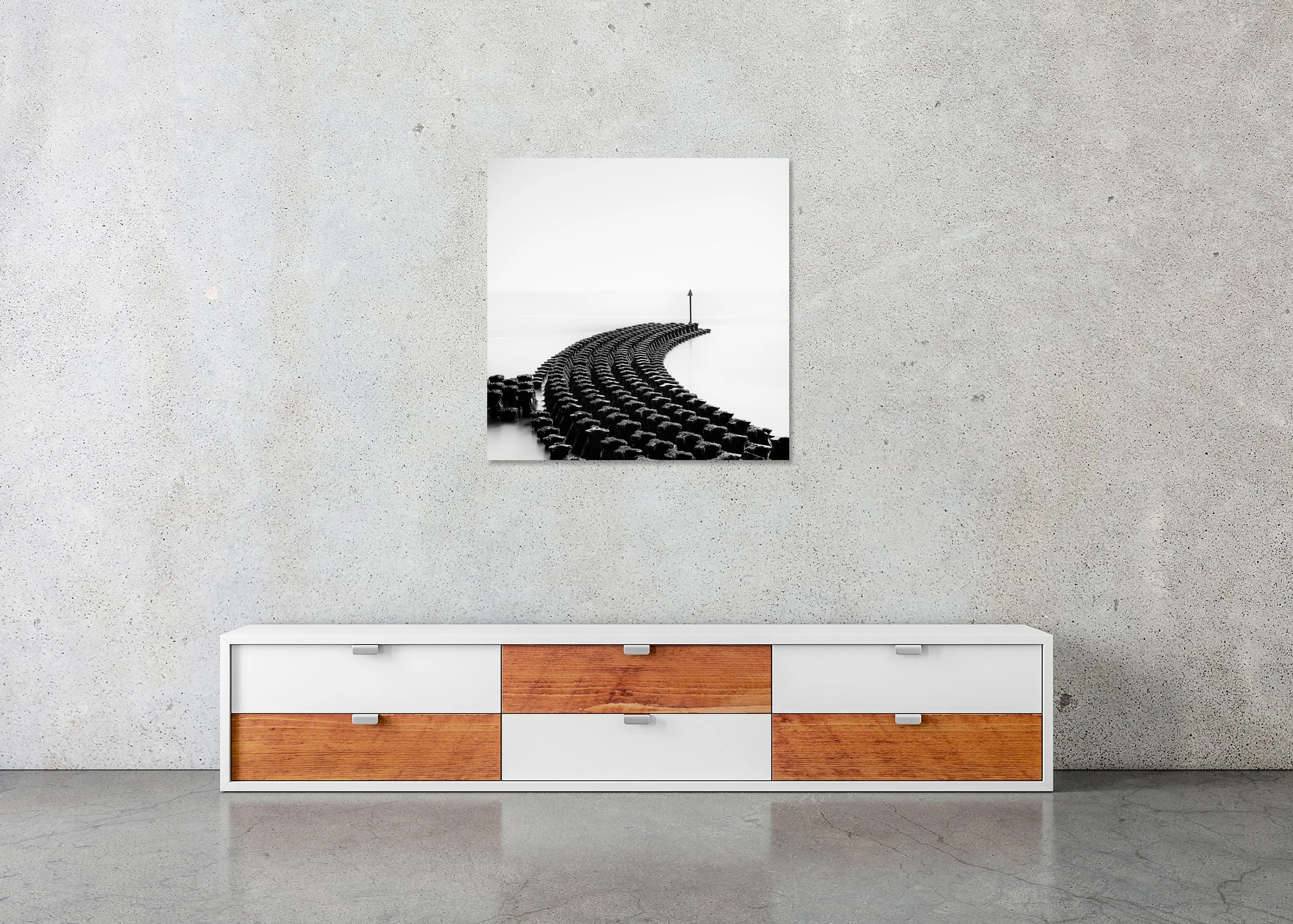 Cobbolds Point Study 1 displayed in a modern interior as a frameless black-and-white aluminium Dibond print by Gerald Berghammer.