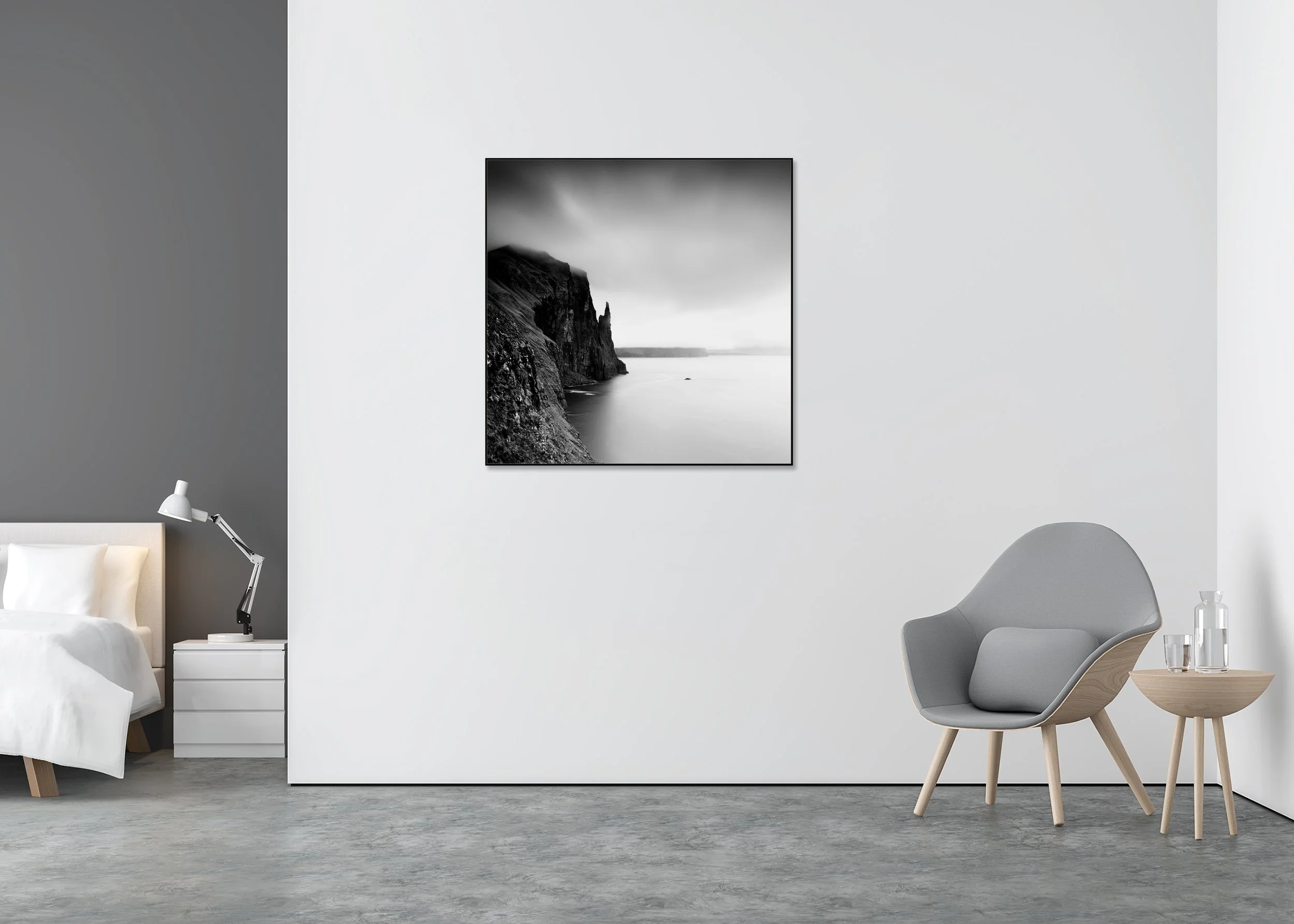 Trøllkonufingur Monolith Study 1 displayed in a modern interior as a black-and-white Dibond print in a black aluminium ArtBox frame by Gerald Berghammer.