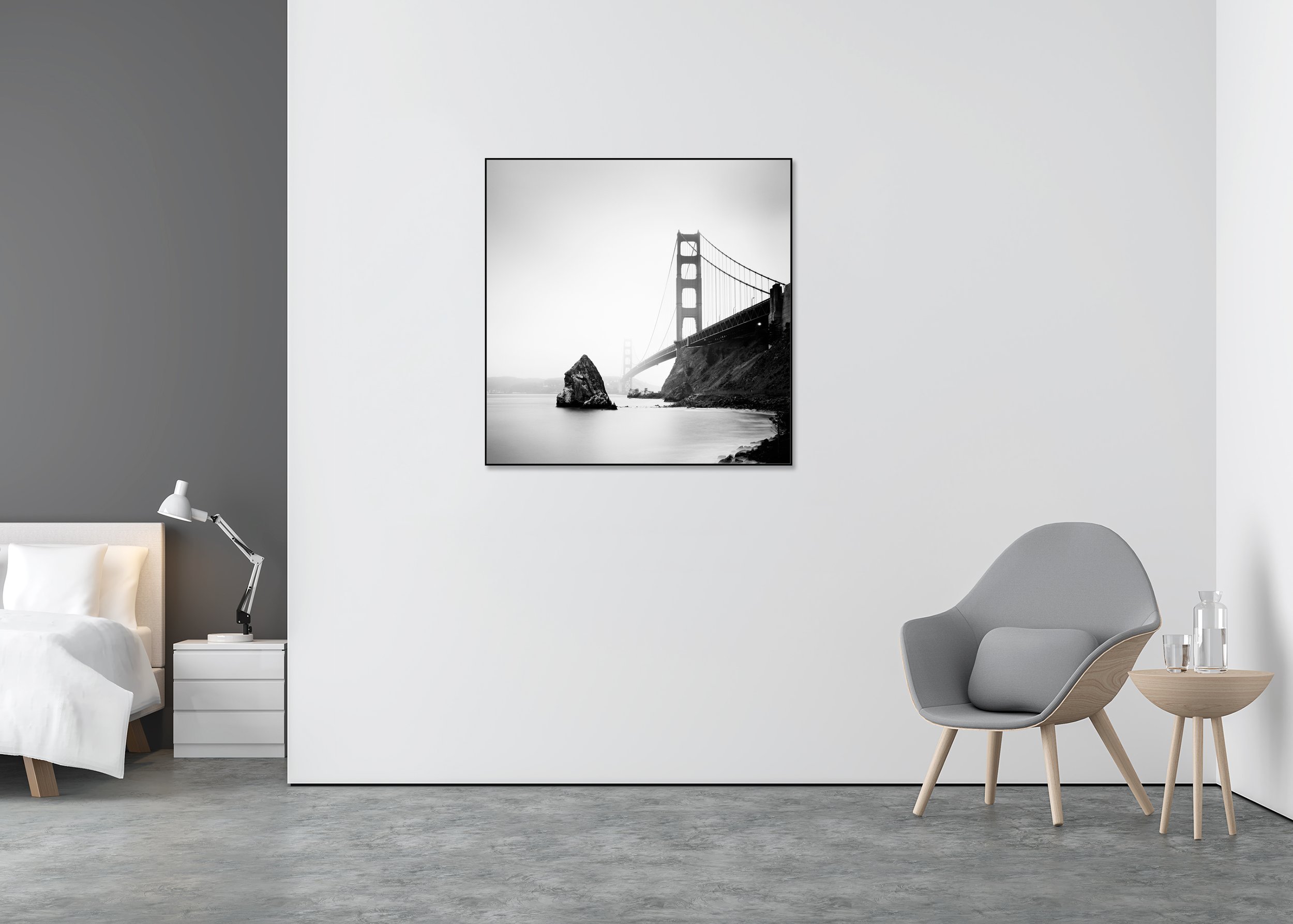 Golden Gate Bridge, Study 14 – San Francisco, black-and-white Dibond print in a black aluminium ArtBox displayed in a minimalist bedroom.