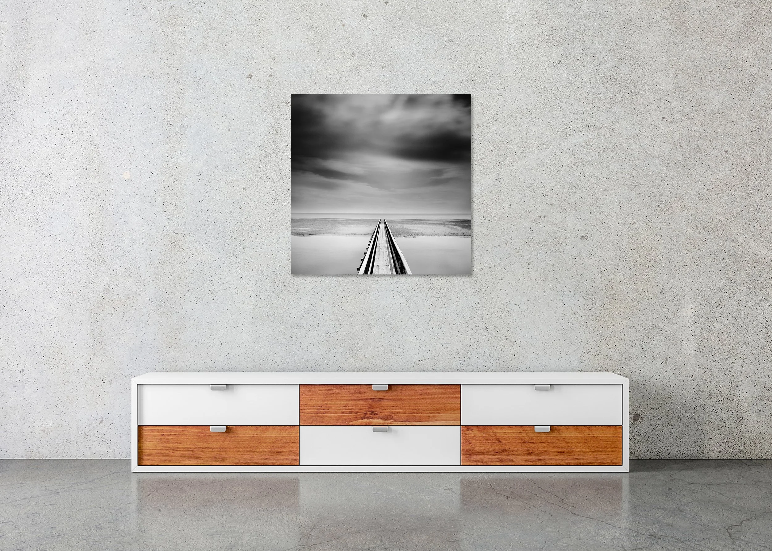 Over the Bridge displayed frameless on a wall, mounted on aluminium Dibond; photograph by Gerald Berghammer.