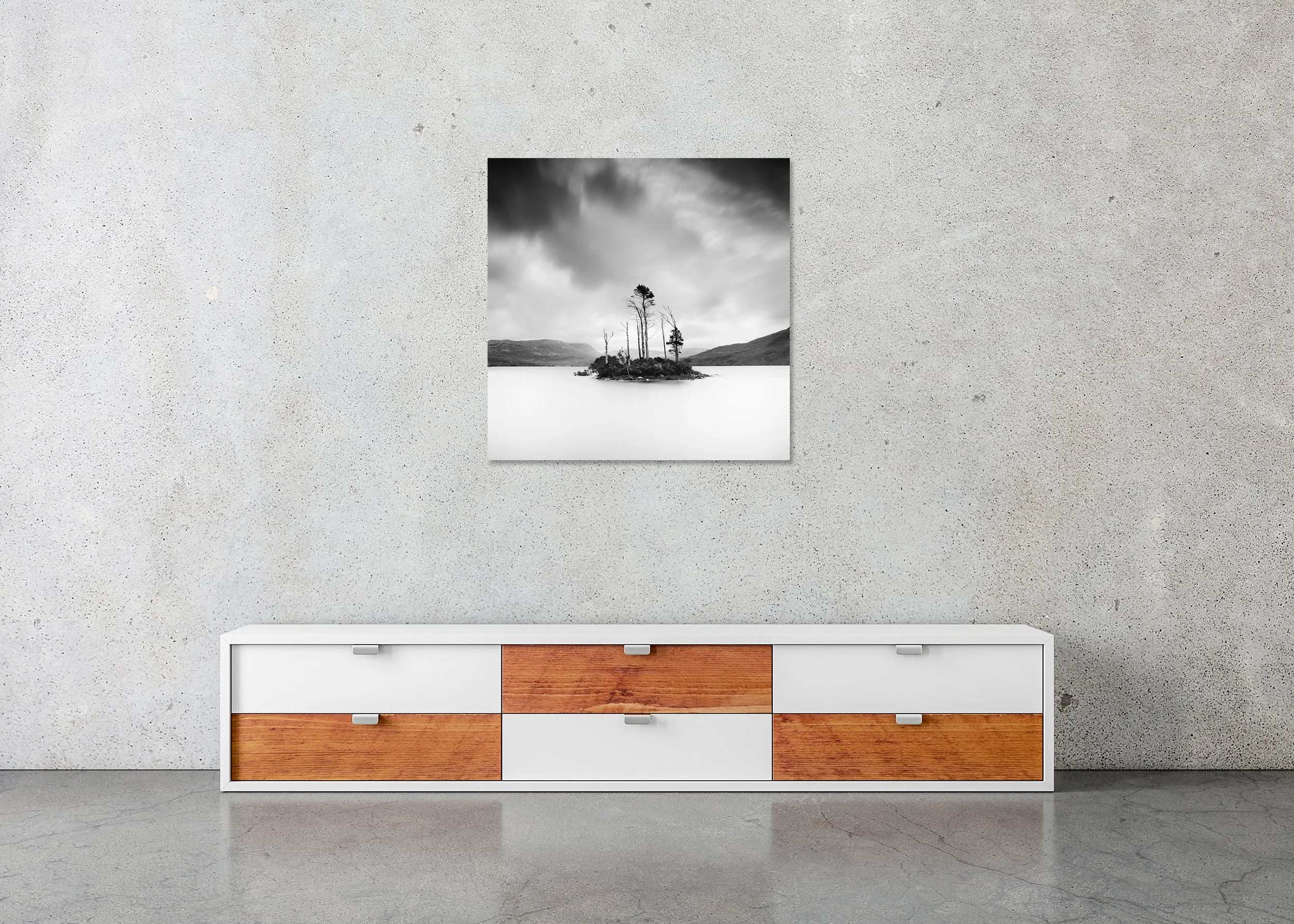 Drowned Island Study 1 displayed in a modern interior as a frameless black-and-white aluminium Dibond print by Gerald Berghammer.