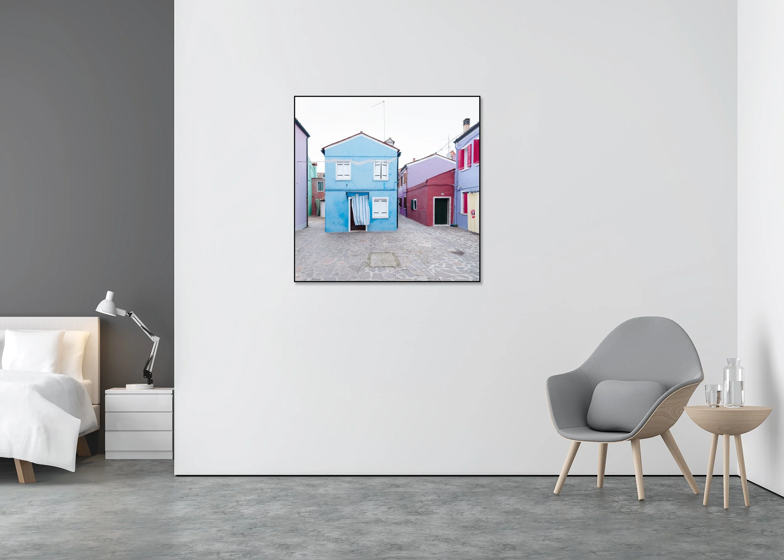 Colourful pastel houses on a quiet cobbled street in Burano, Venice, Italy, photo print mounted to Dibond in an aluminium ArtBox