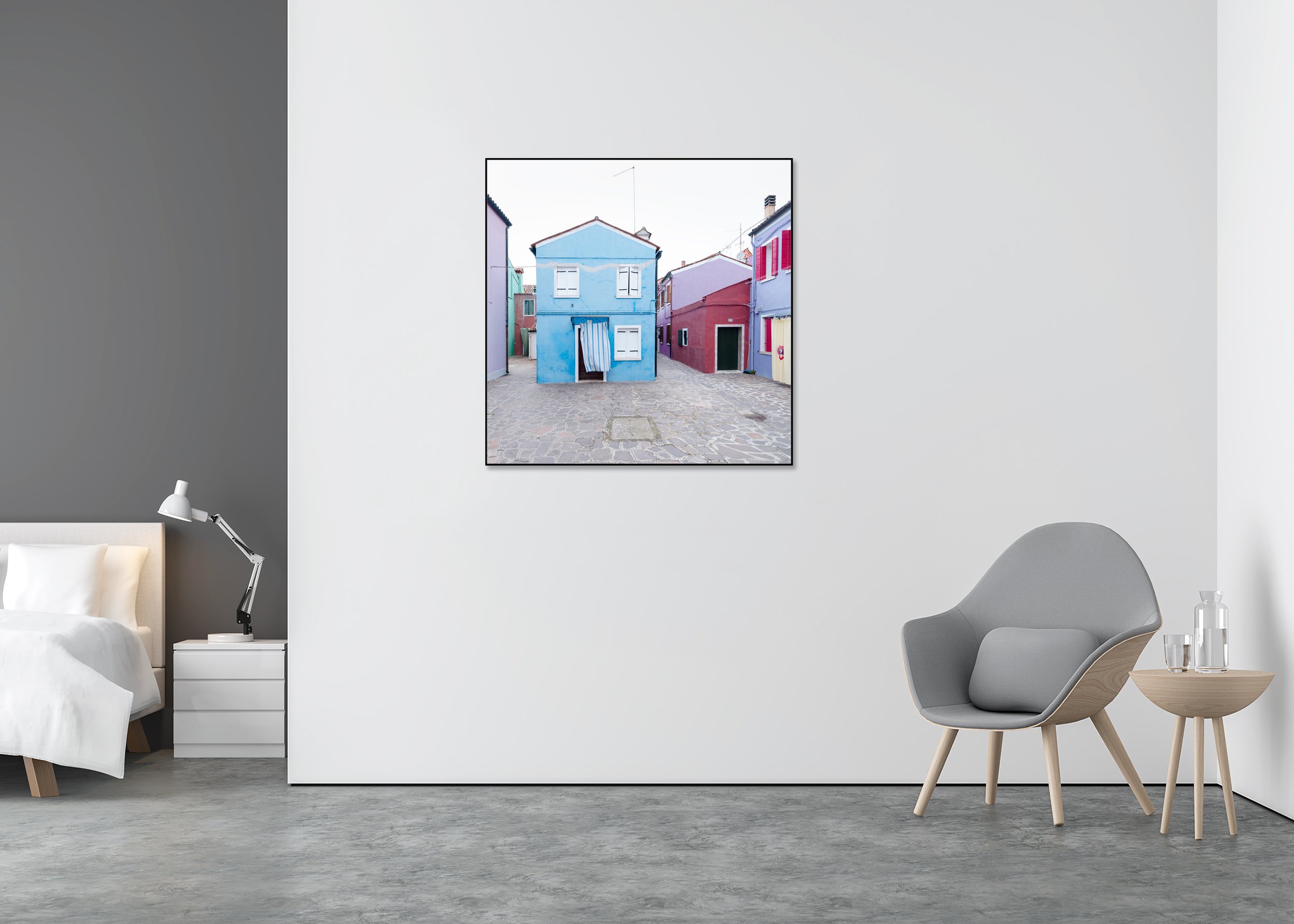 The Violet House displayed in a modern interior, mounted on aluminium Dibond in a black ArtBox frame by Gerald Berghammer.