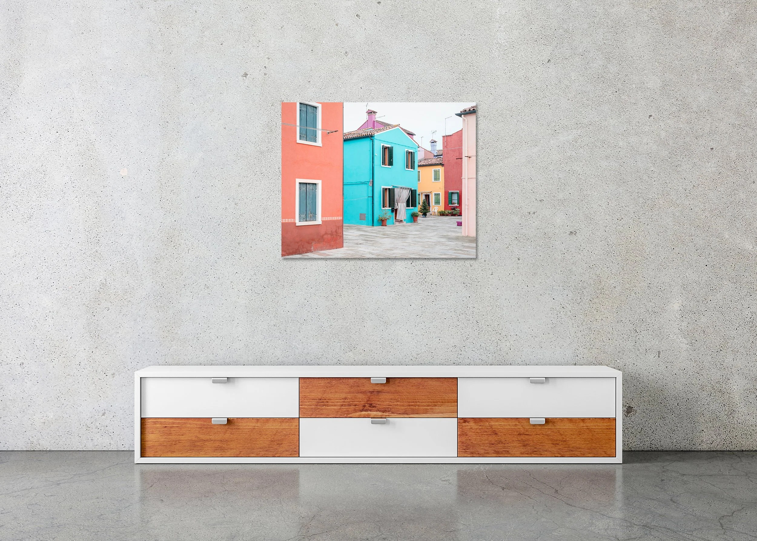Turquoise house between pink and yellow buildings on Burano island, Venice, photo print mounted on Dibond, frameless