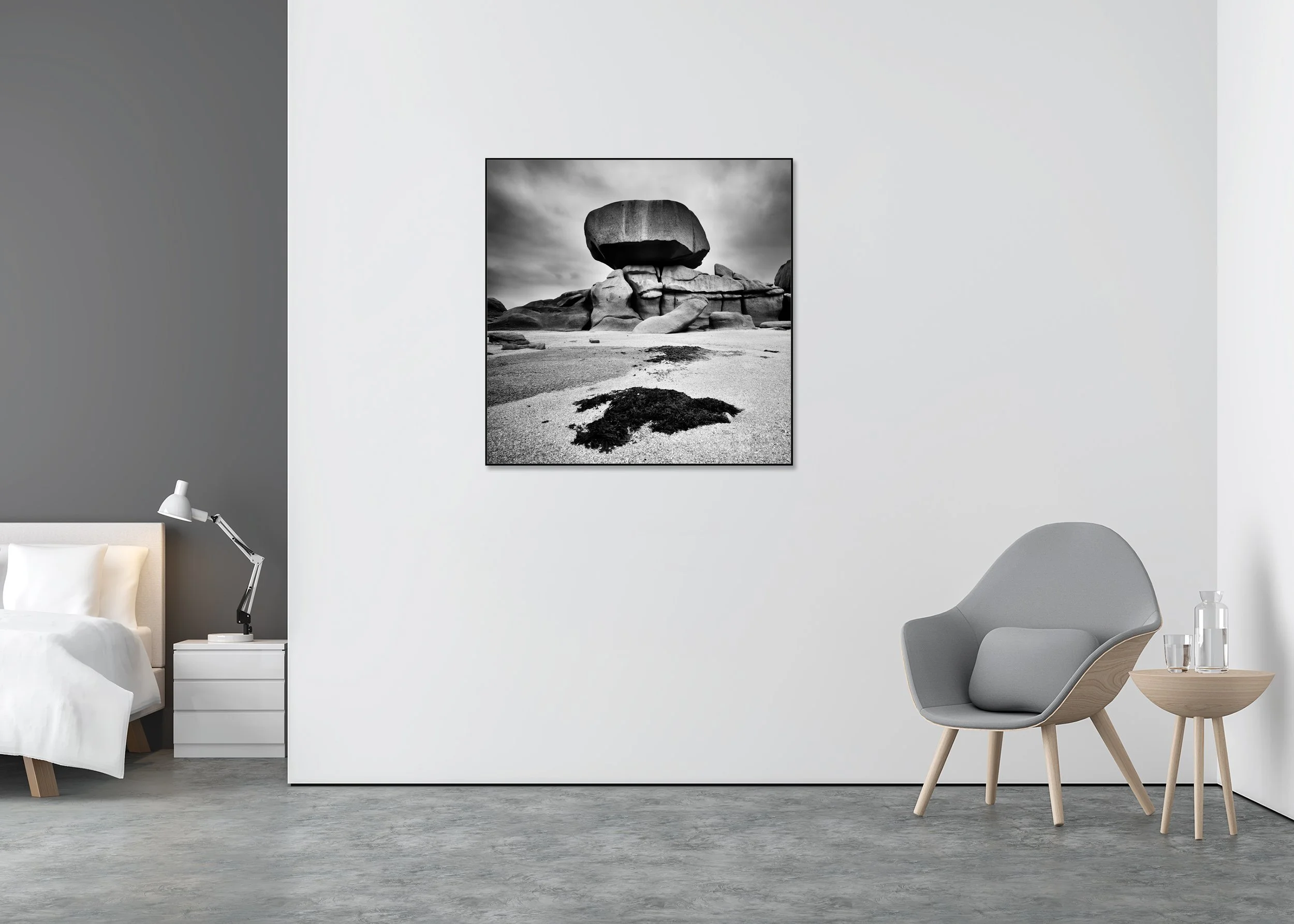 Pink Granite Coast, Study 3 – black-and-white Dibond print in an aluminium ArtBox displayed in a contemporary interior.