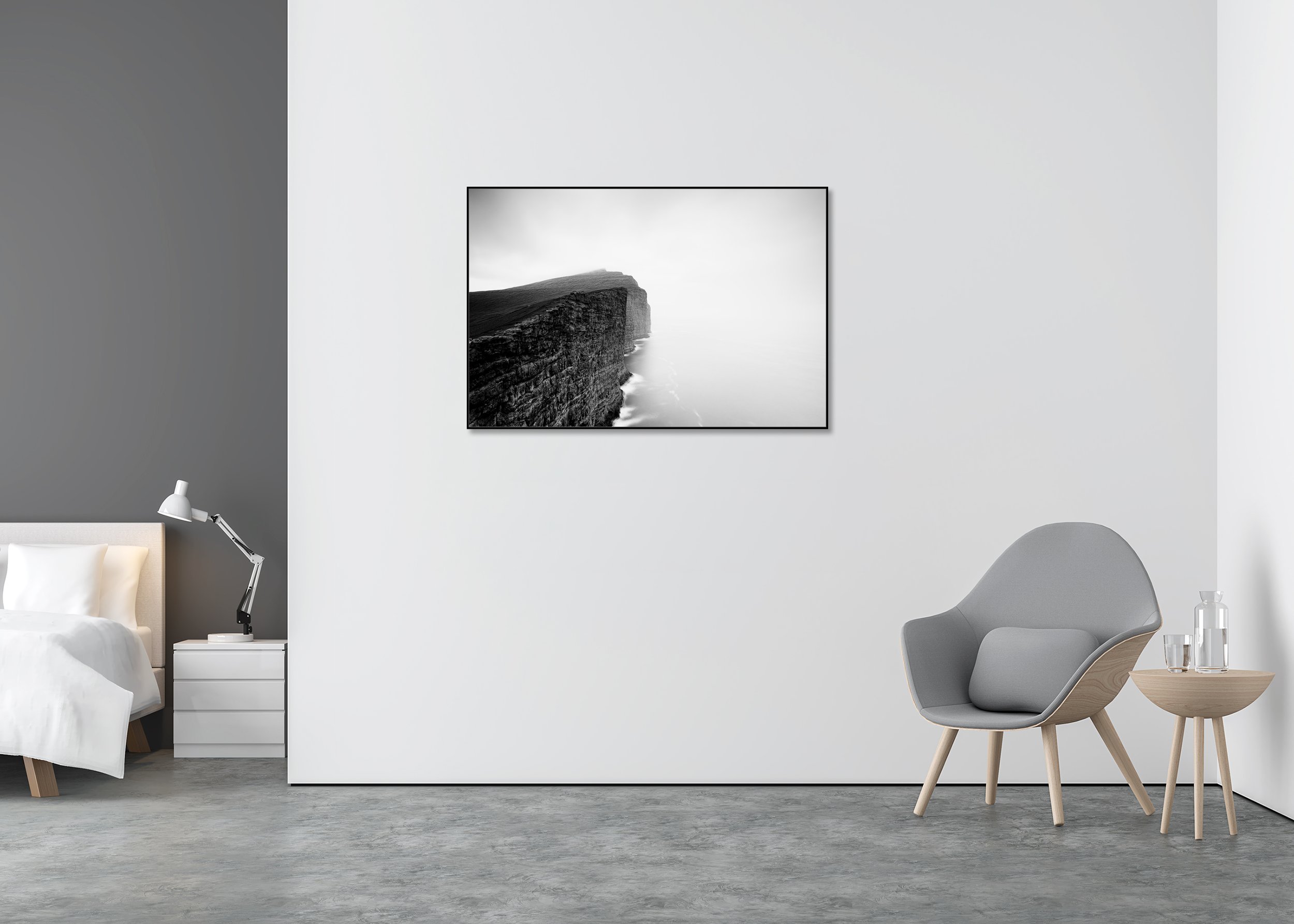 Foggy Slave Cliff Study 2 – Faroe Islands, black-and-white fine art photo print mounted to Dibond in an aluminium ArtBox