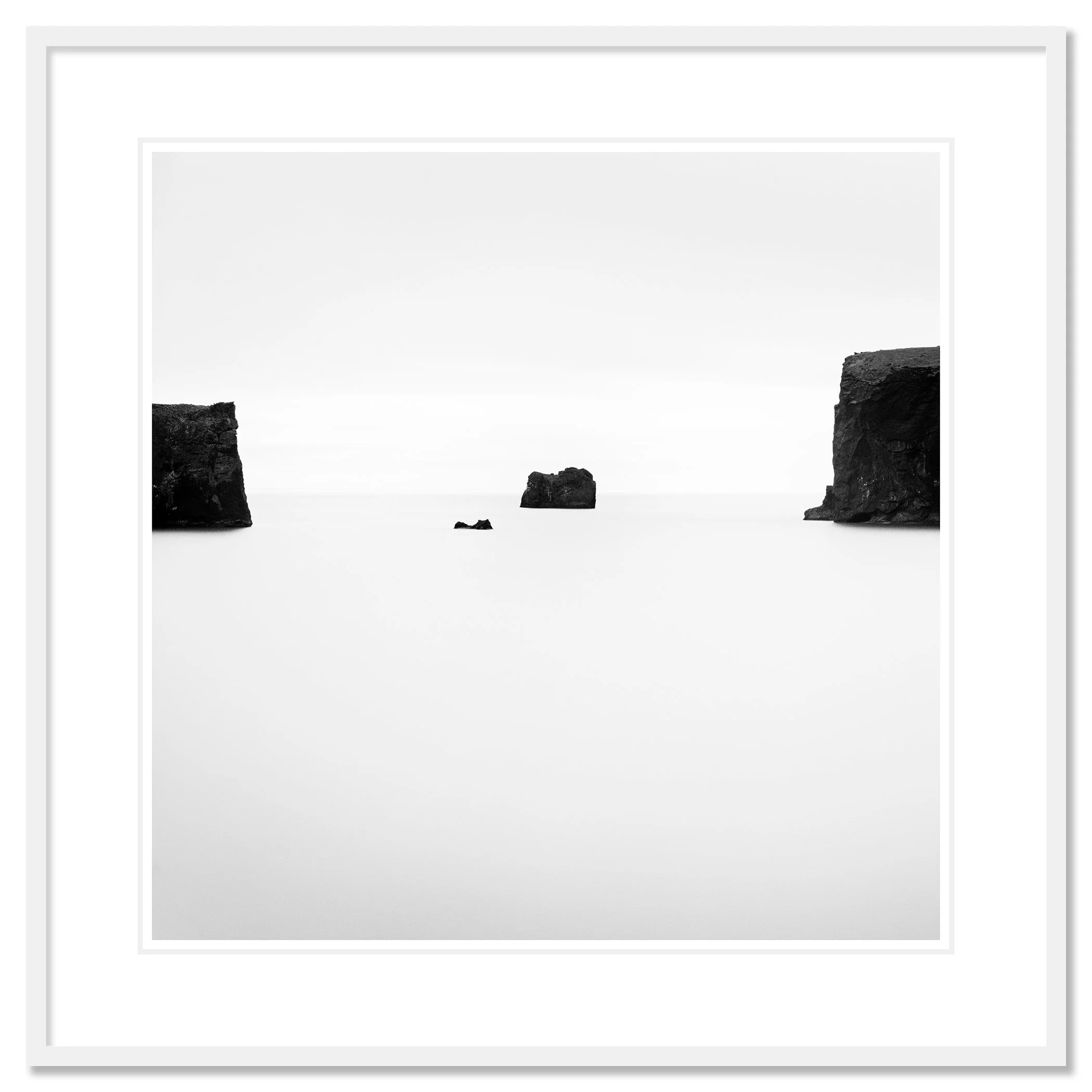 Black Rocks Study 2 – Iceland, archival pigment print in a white aluminium frame with a white mount by Gerald Berghammer.