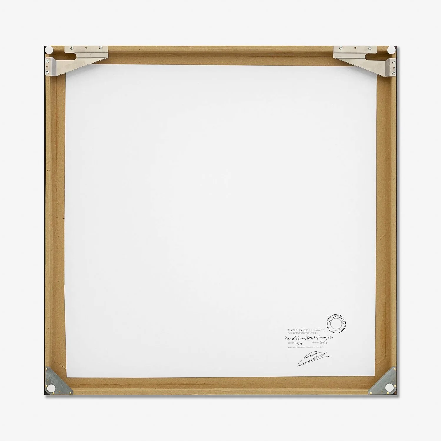 Reverse of the framed Row of Cypress Trees 1 photograph by Gerald Berghammer, showing the wooden frame and edition marking.
