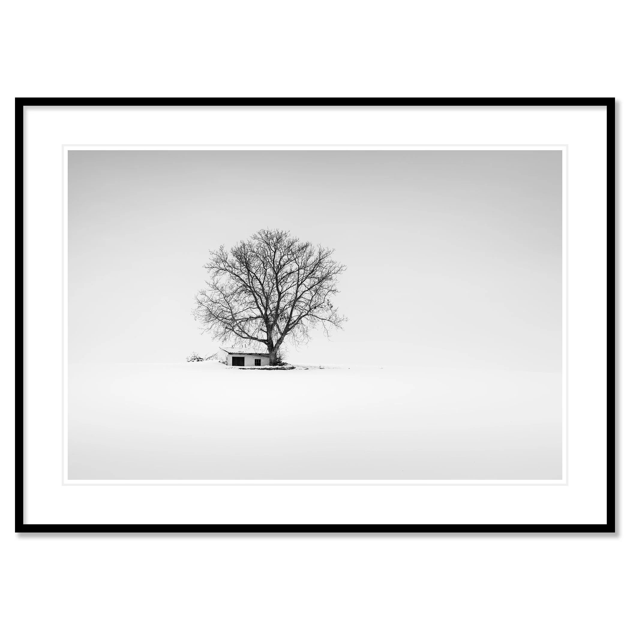 Minimalist black-and-white landscape of a wine press house in winter farmland, Austria, Classic framed in white