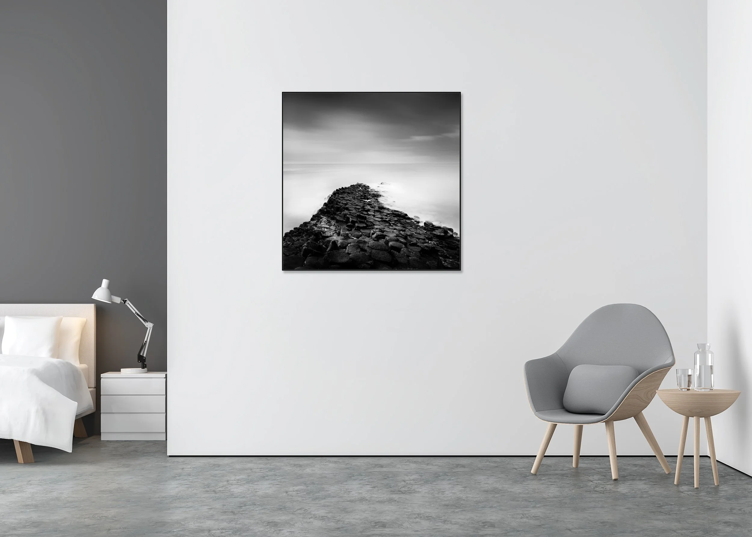 Giant’s Causeway Study 2 displayed in a contemporary interior in a black aluminium ArtBox frame by Gerald Berghammer.