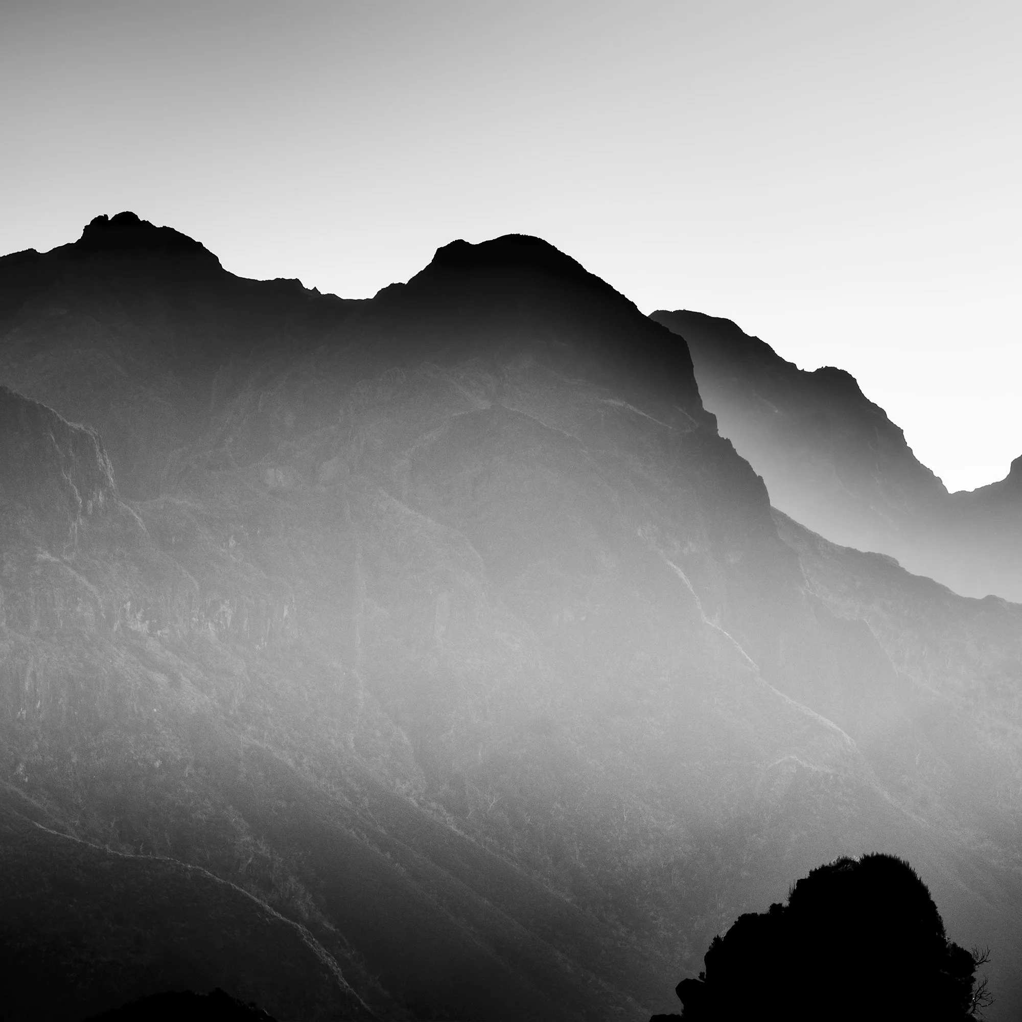 Detail of Mountains in Shadow with Morning Light by Gerald Berghammer showing mist-covered mountain slopes in Madeira.