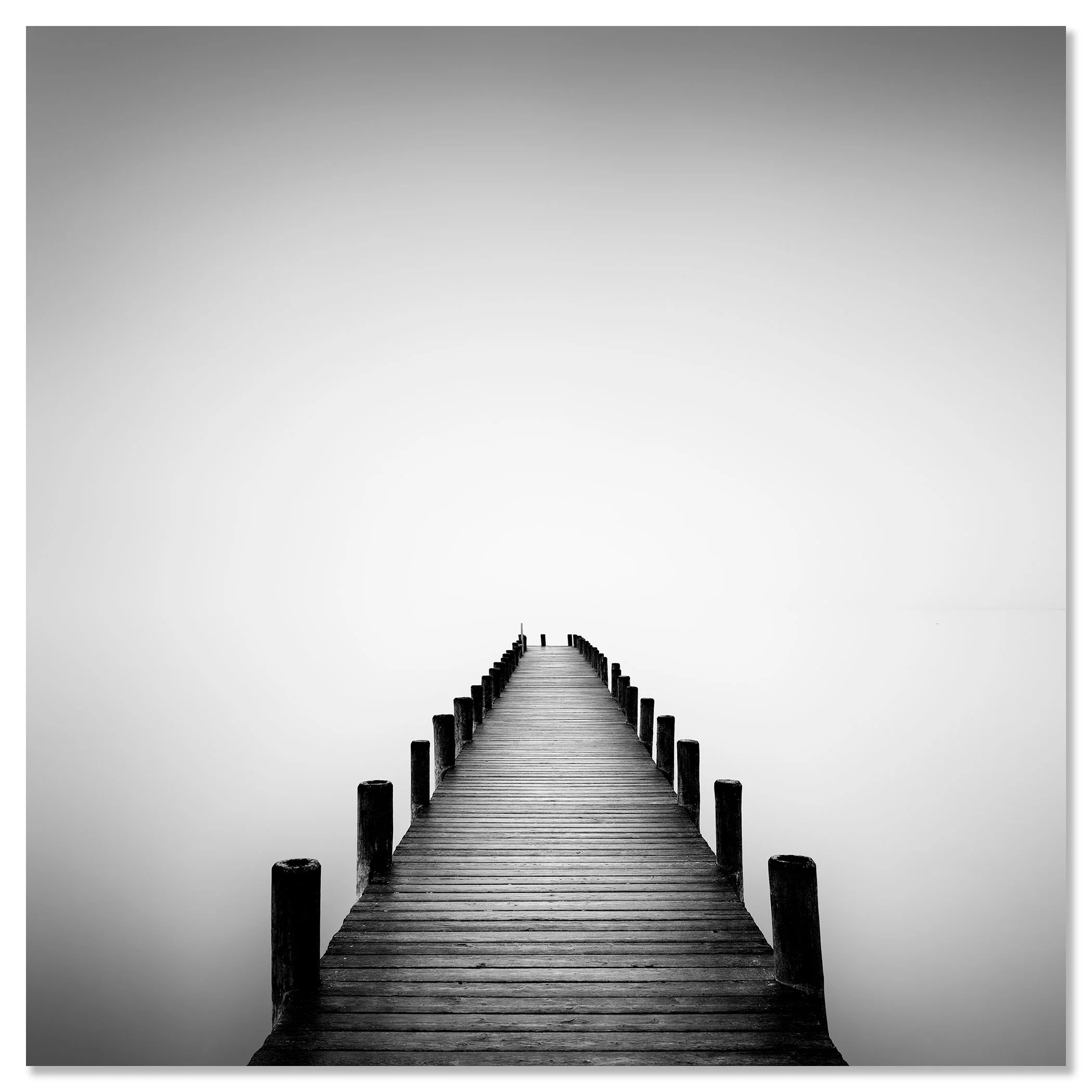 Pier on Misty Lake Study 1 – Austria, frameless black-and-white photograph mounted on Dibond