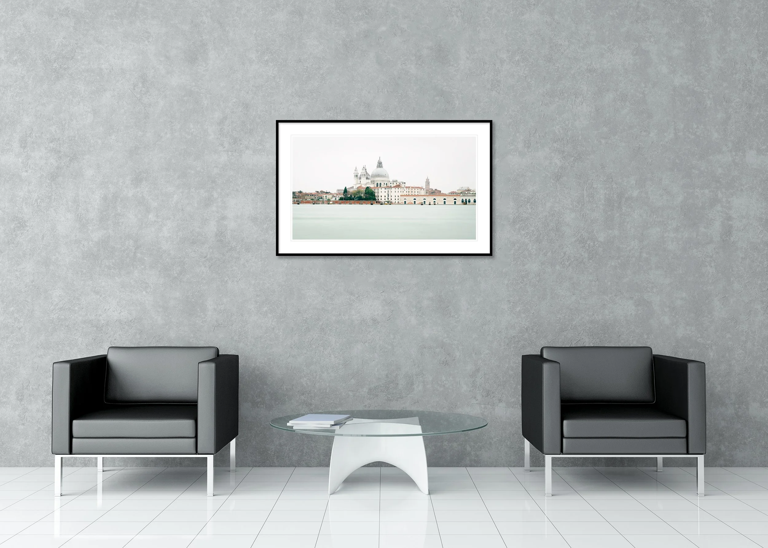 View of Venice, Panorama Study 2 – archival pigment print in a black aluminium frame with a white mount displayed in a modern interior. Photo by Gerald Berghammer.