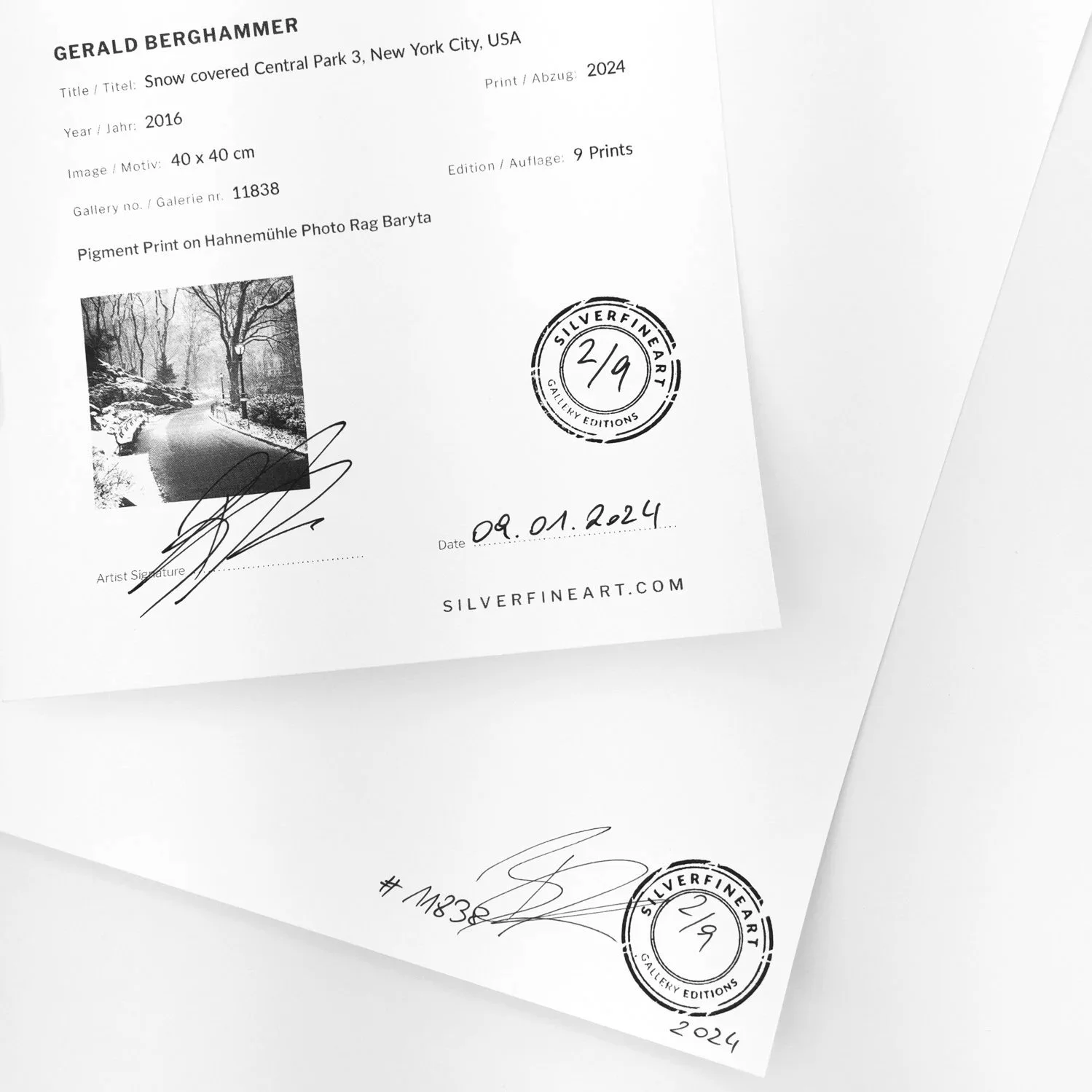 Detail of the signed Certificate of Authenticity and stamped print reverse, edition 2/9 – Gerald Berghammer.