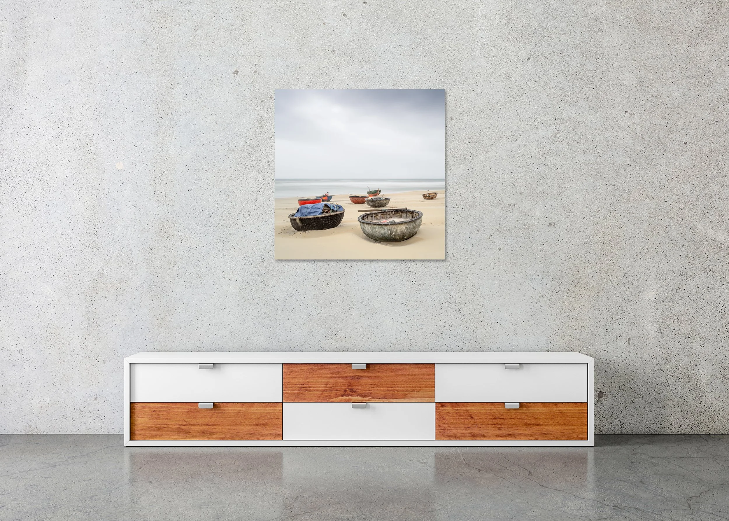 Coconut Boat Study 1 displayed in a modern interior as a frameless colour artwork mounted on aluminium Dibond. Photo by Gerald Berghammer.