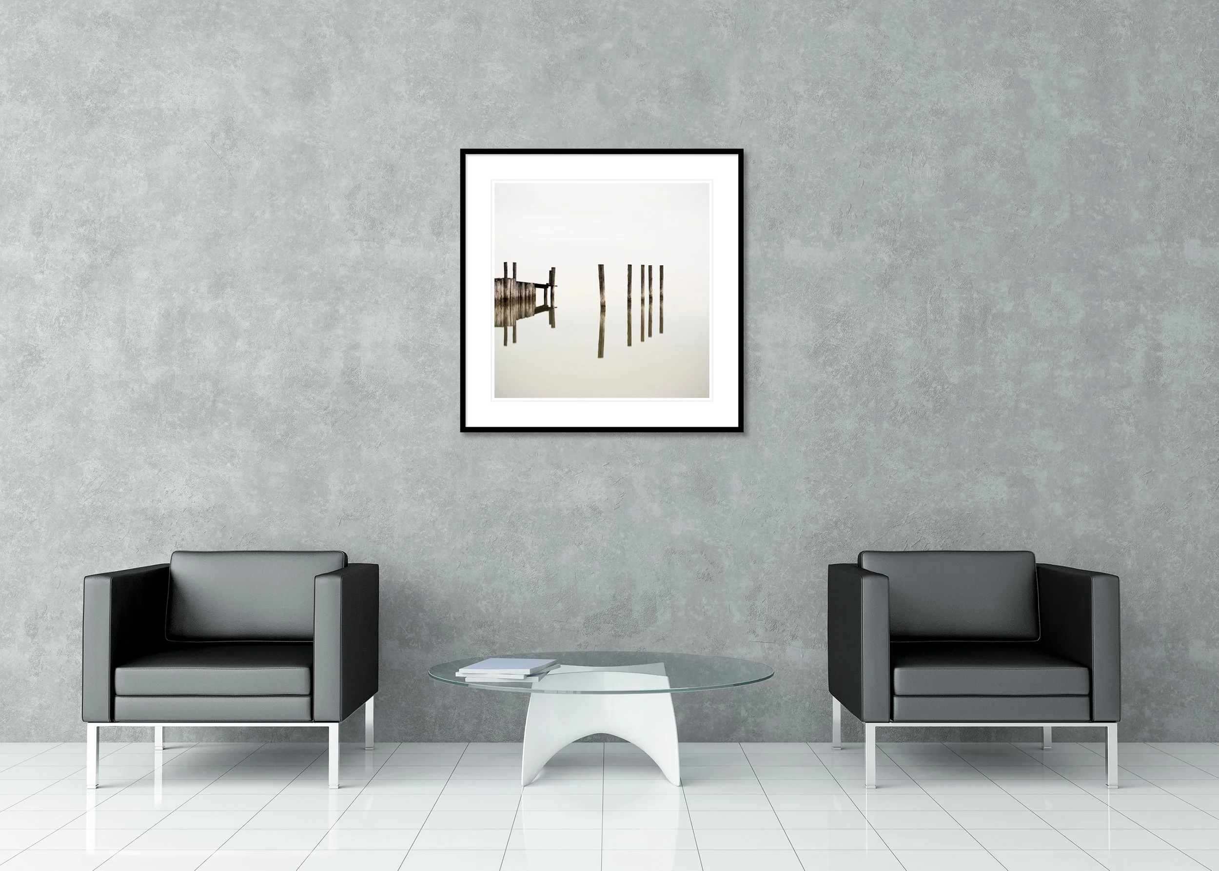 Wooden Pegs in the Lake – archival pigment print in a black aluminium frame with a white mount in a modern lounge.