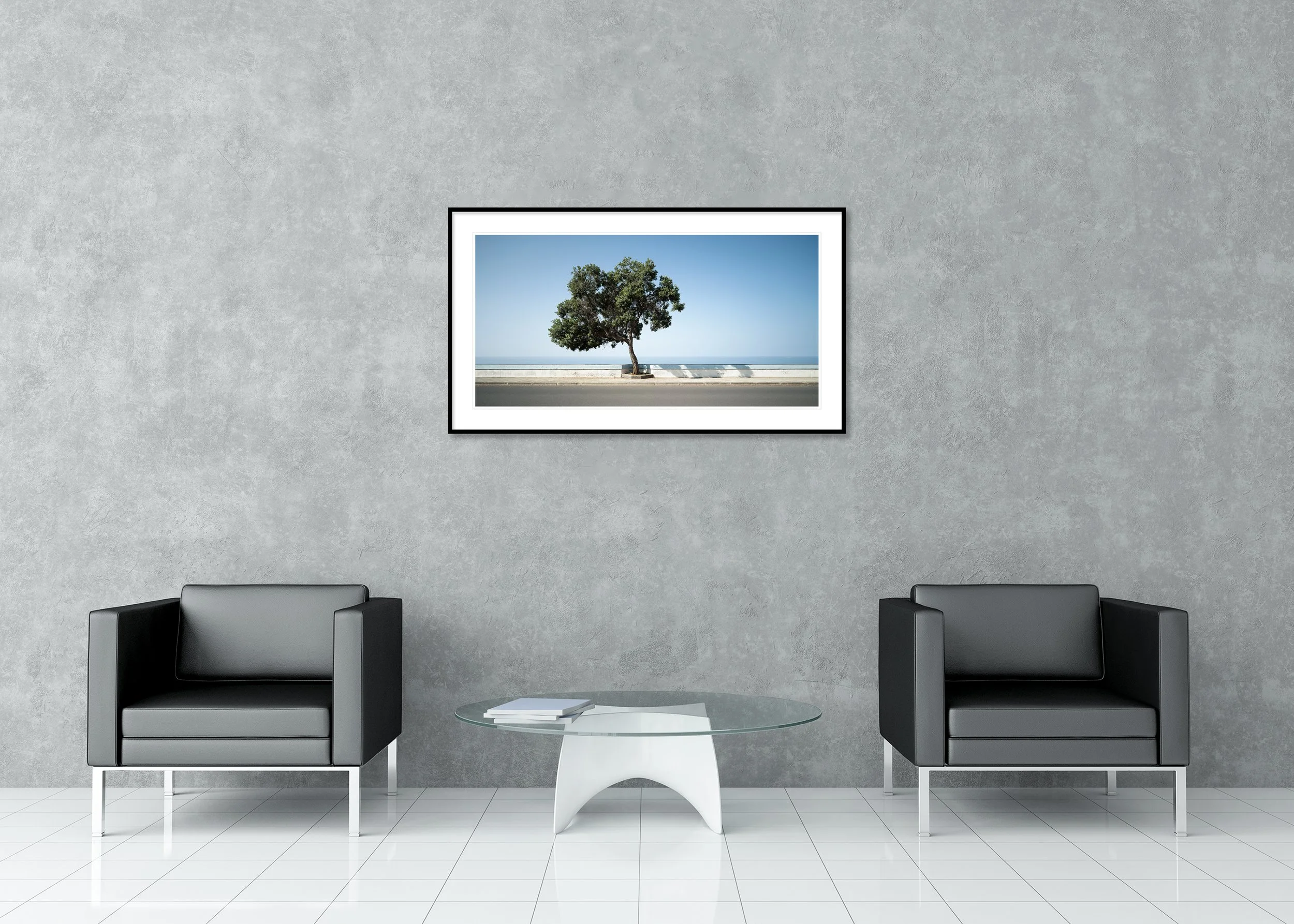 Tree by the Calm Sea, Panorama Study 2 – archival pigment print in an aluminium frame with a white mount in a modern interior.
