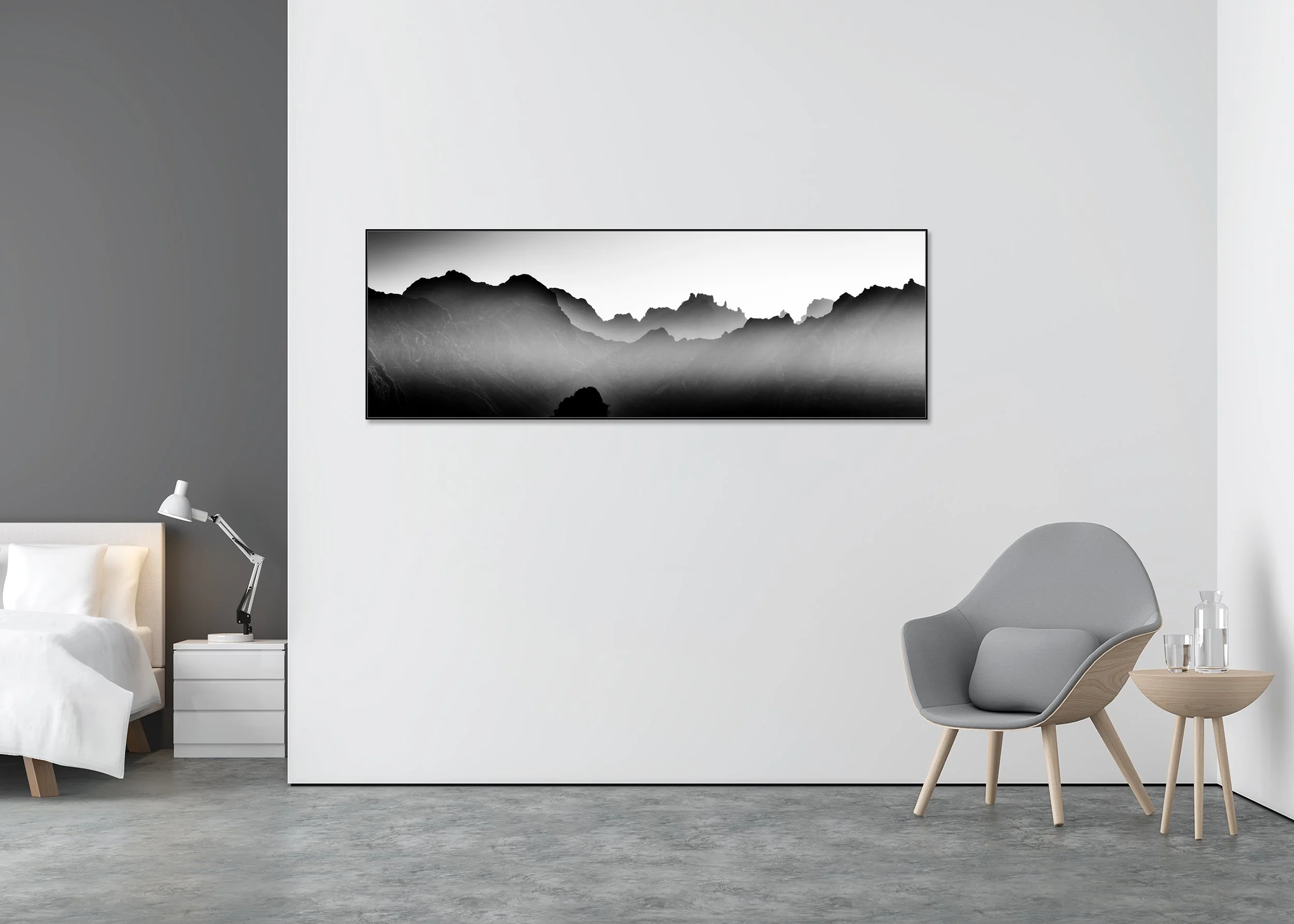 Mountains in Shadow with Morning Light displayed in a modern interior, mounted on aluminium Dibond in a black ArtBox frame by Gerald Berghammer.