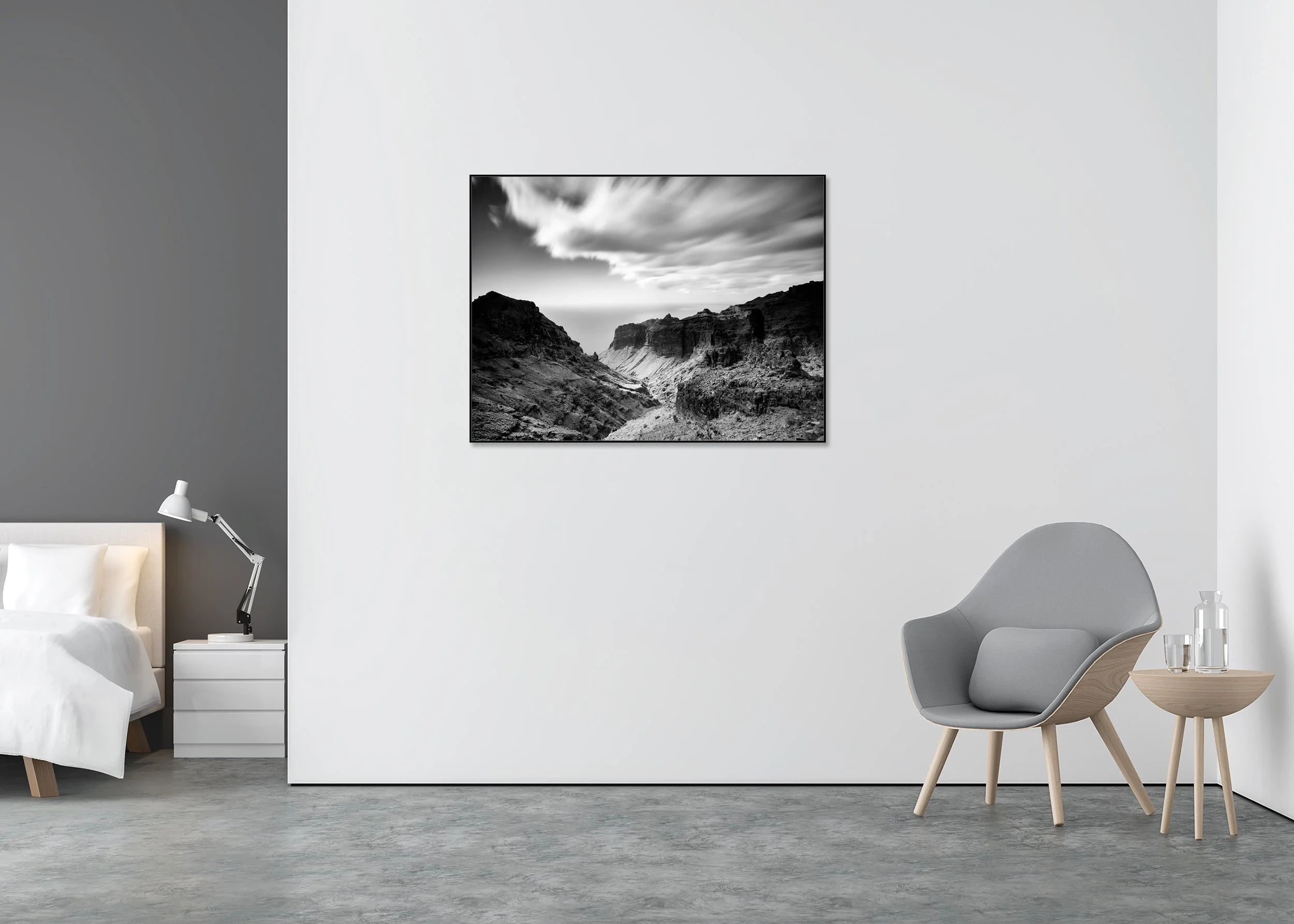Black and white wall art of a rugged volcanic ravine leading towards the sea, photo print mounted on Dibond in an aluminium ArtBox.
