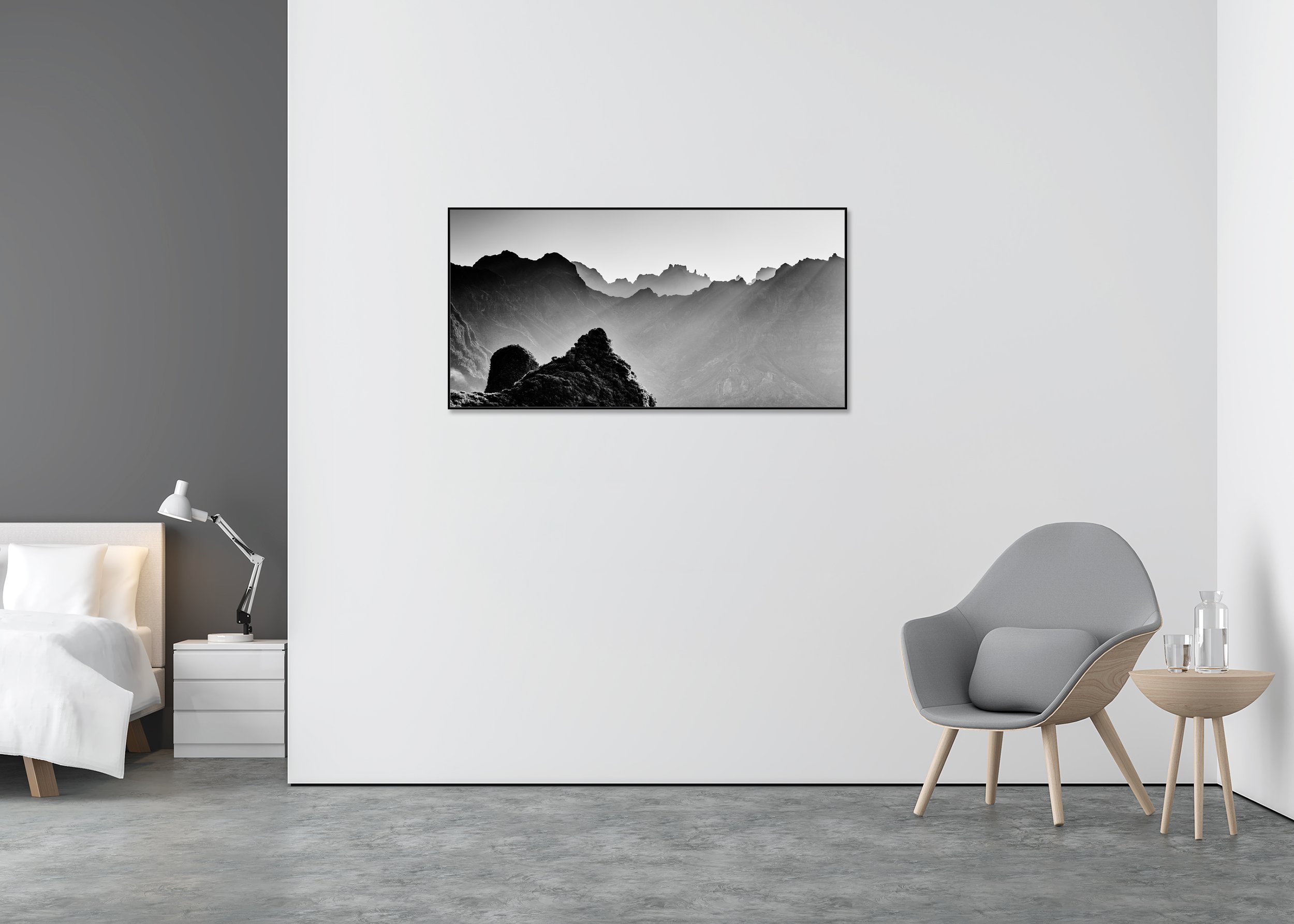 Morning Light in the Mountains Study 2 displayed as a black-and-white Dibond print in an aluminium ArtBox frame on a bedroom wall