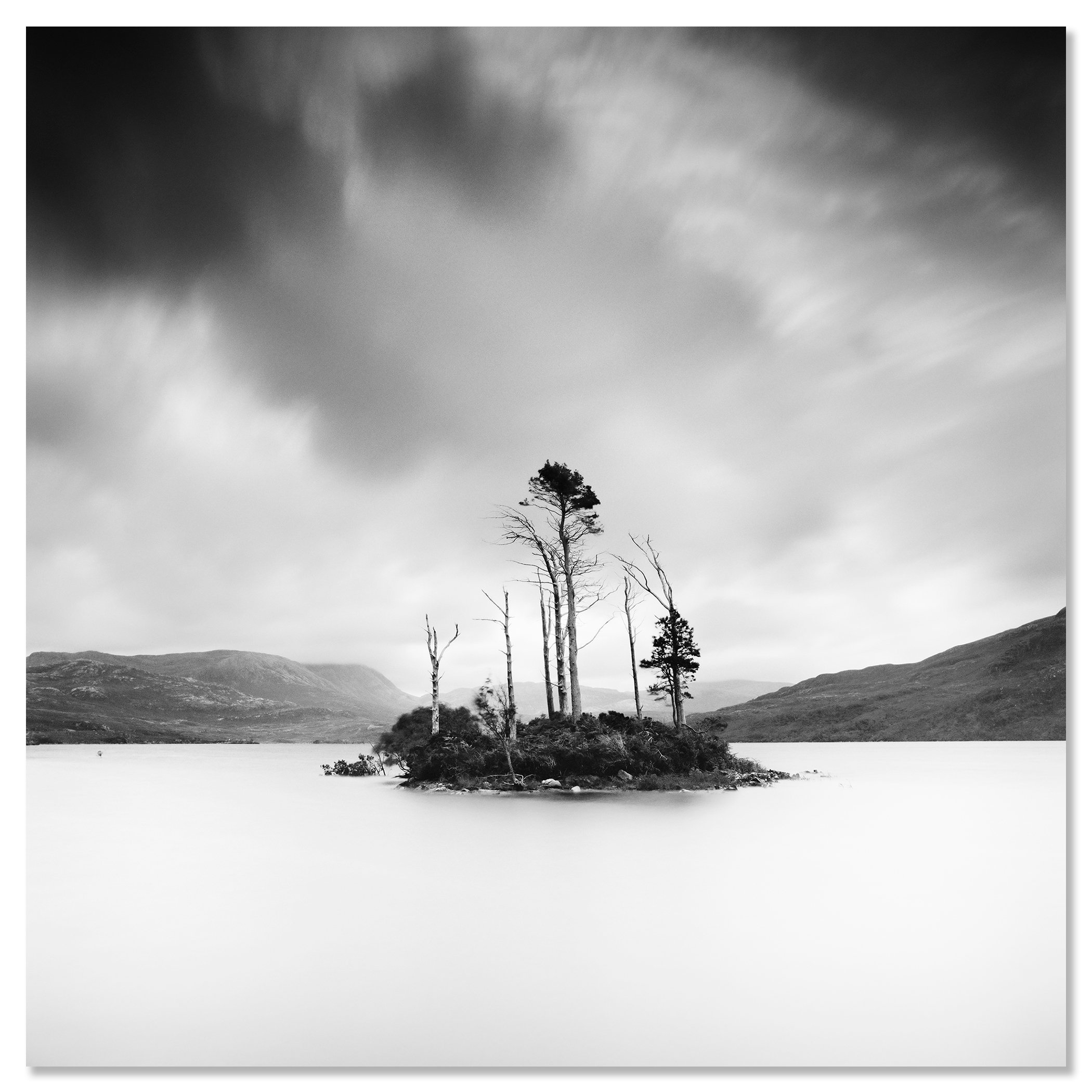 Drowned Island Study 1 displayed as a frameless black-and-white aluminium Dibond print by Gerald Berghammer.