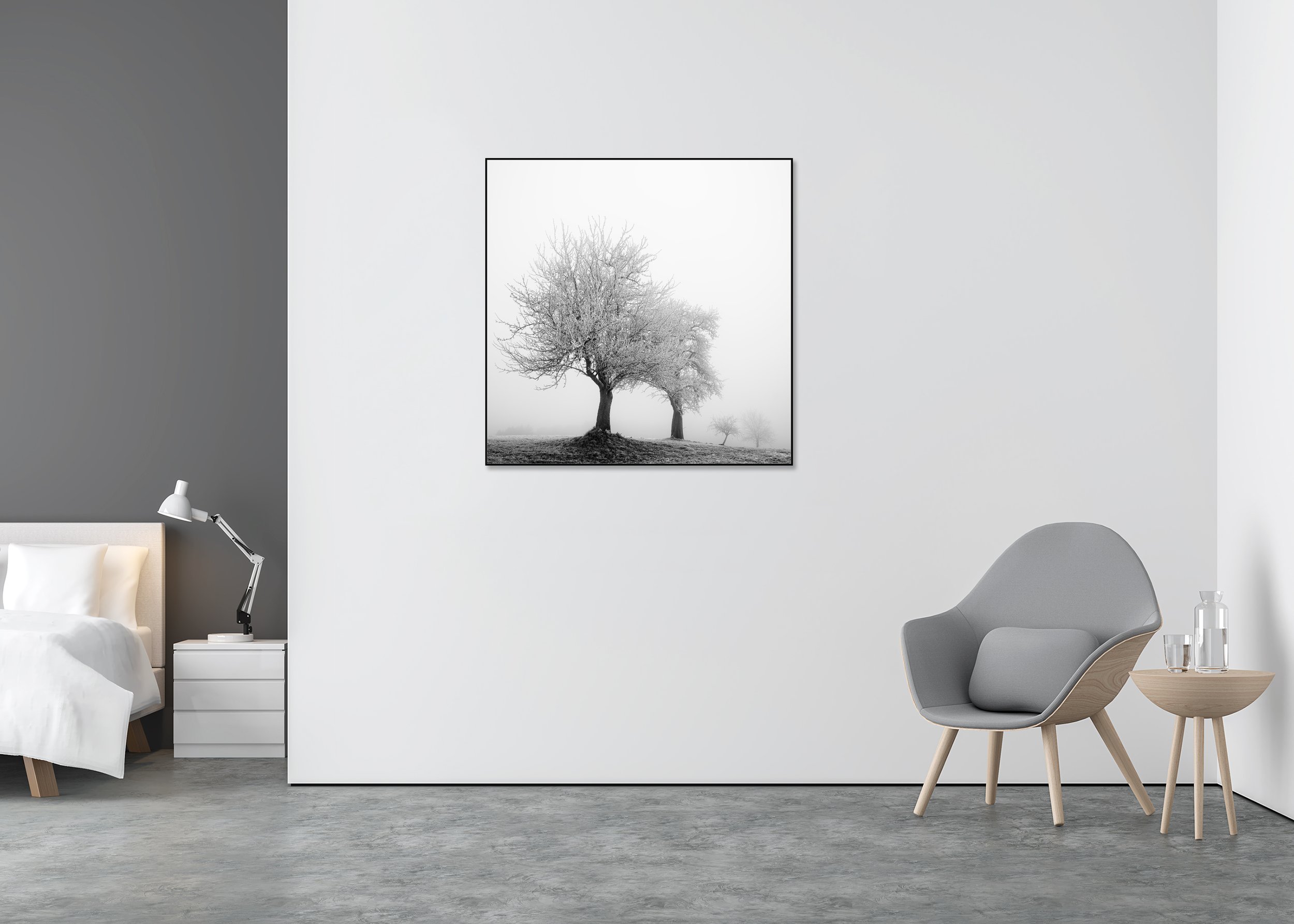 Frozen Landscape Study 1 displayed in a modern interior on aluminium Dibond in an ArtBox frame by Gerald Berghammer.