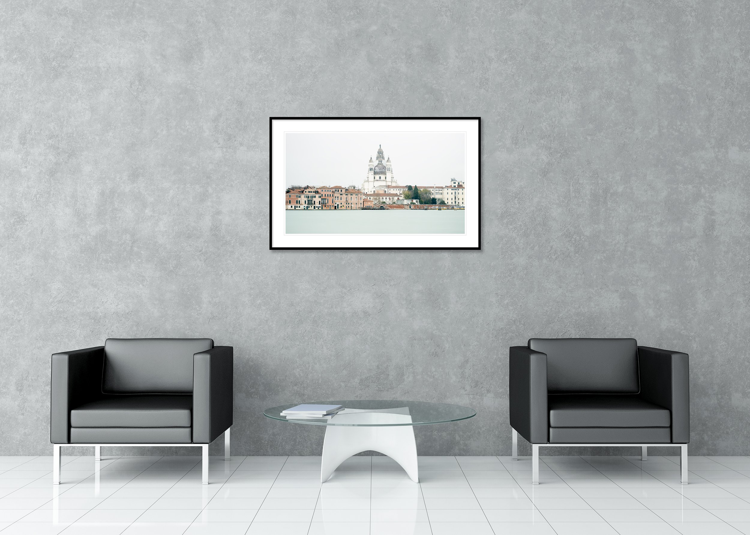View of Venice, Panorama Study 4 – archival pigment print in a black aluminium frame with a white mount displayed in a modern interior. Photo by Gerald Berghammer.